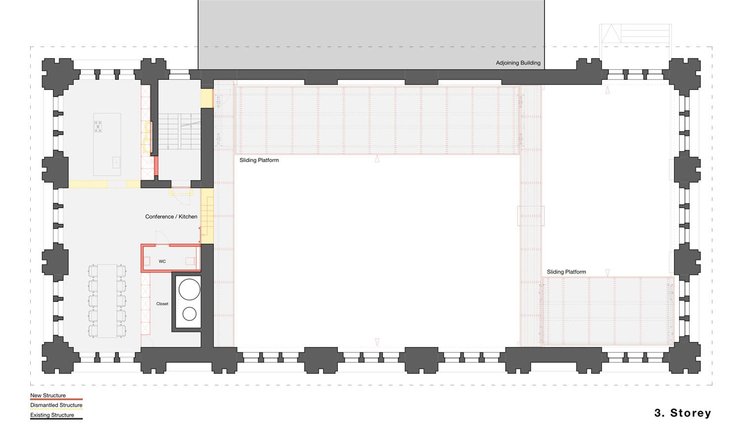 Plan drawing showing the large hall and adjoining rooms of the converted pumping station.