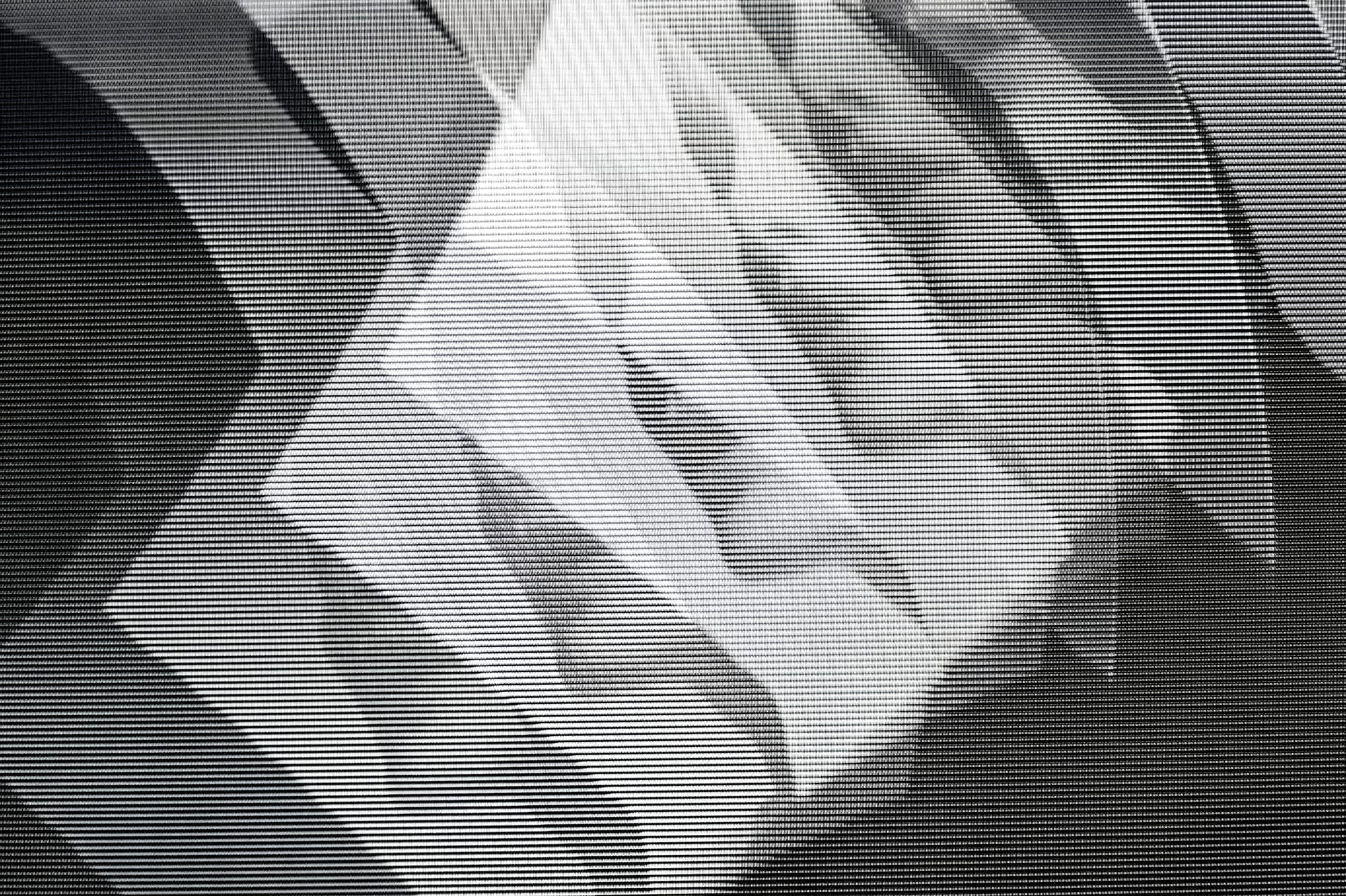 Abstract geometric form rendered in halftone scan-line interference patterns by Karborn, Evidence of Time Travel
