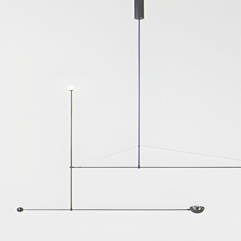 Michael Anastassiades Mobile Chandelier — L-shaped black brass rod composition with two bare globe bulbs and counterweight sphere, suspended by wire.