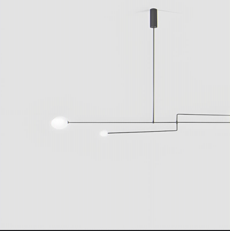 Michael Anastassiades Mobile Chandelier — horizontal black brass rod pendant with three bare globe bulbs at staggered heights, single ceiling drop.