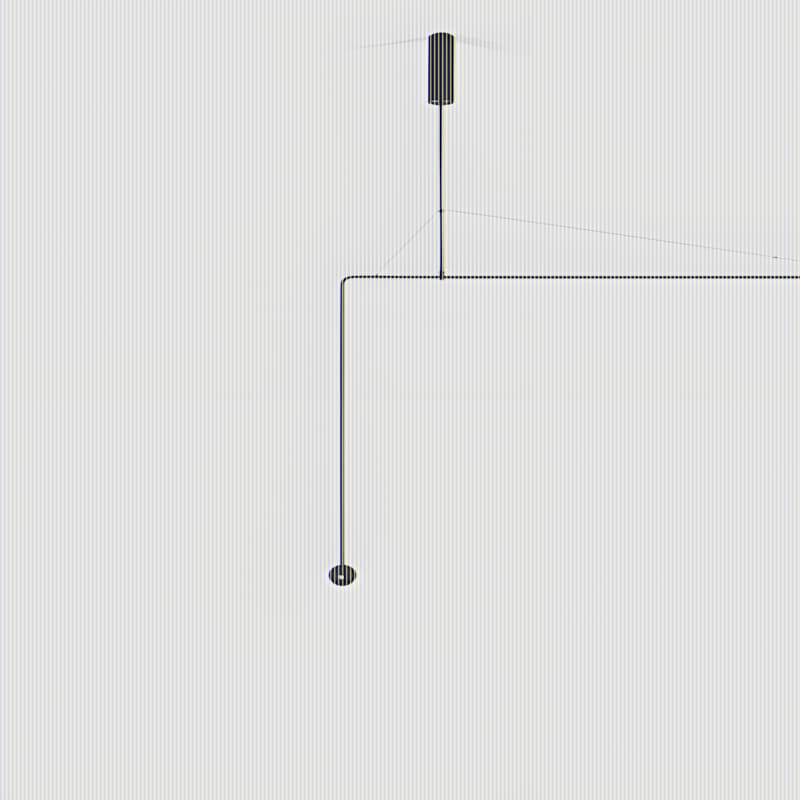 Michael Anastassiades Mobile Chandelier — minimalist black brass rod with single globe bulb at far end and small counterweight sphere opposite, tensioned from ceiling.