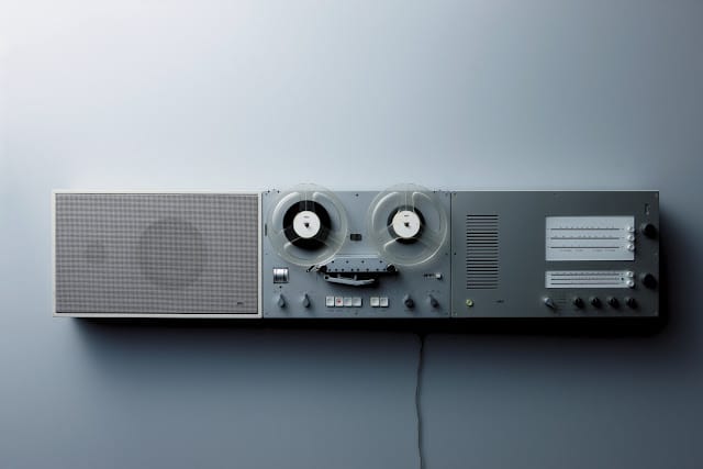 Braun Wandanlage hi-fi wall unit (c.1965) designed by Dieter Rams — wall-mounted reel-to-reel tape recorder (TG 60) flanked by a grey perforated-grill speaker (L 450), grey aluminium finish throughout