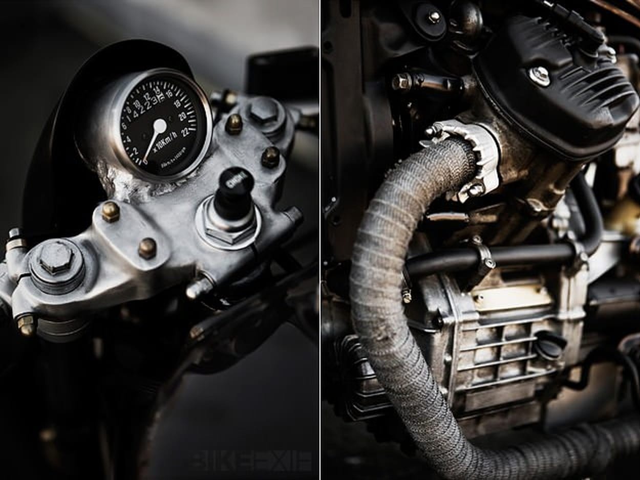 Honda CX500 by the Wrenchmonkees — speedometer and wrapped exhaust detail.