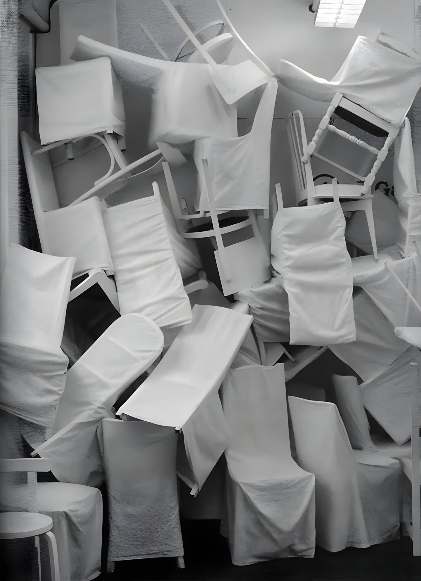 Stacked white-draped chairs — from the Maison Martin Margiela visual archive (A Magazine Curated by Maison Martin Margiela, 2004).