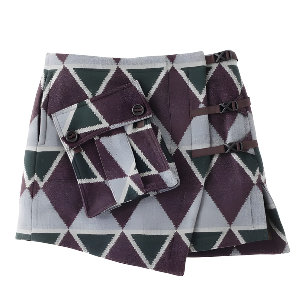 Kapital harlequin diamond wool utility skirt in purple, grey, green and white with utility pocket and brown webbing buckle straps