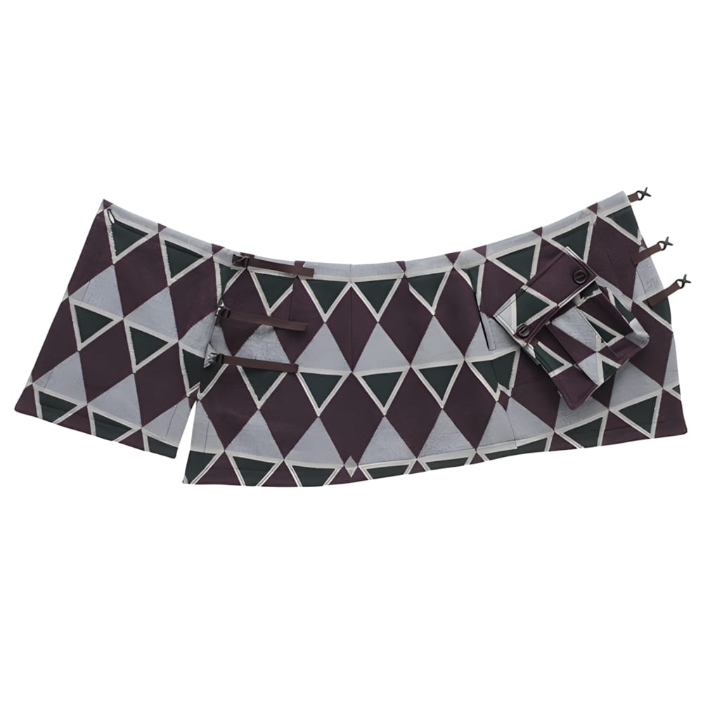 Kapital diamond-pattern wool wrap sash in purple, grey and green, flat lay on white