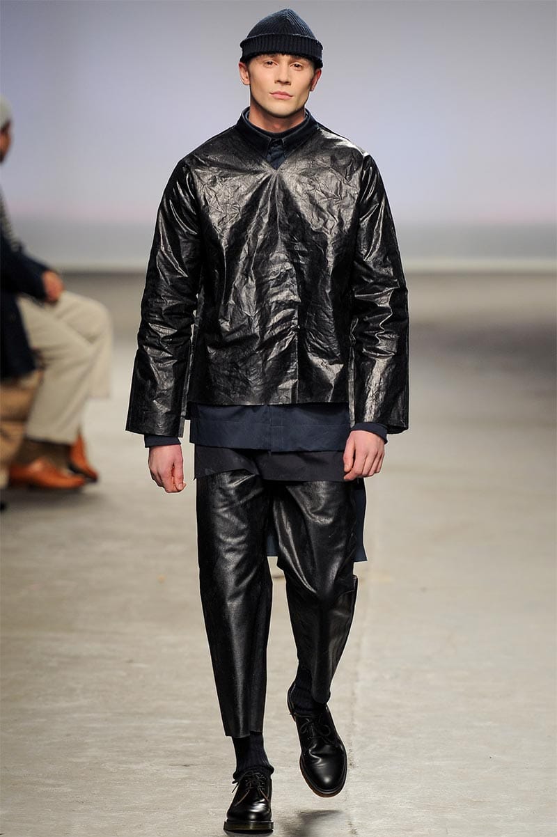 Craig Green FW2013 MAN look 5 — white satin and crinkle-pleated layers with oversized shirt and denim-trimmed trousers
