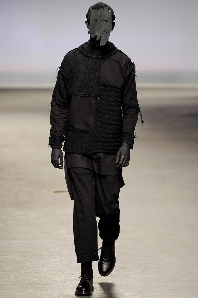 Craig Green FW2013 MAN look 10 — white crinkle-pleat lining over denim with shadow figure companion in all-black