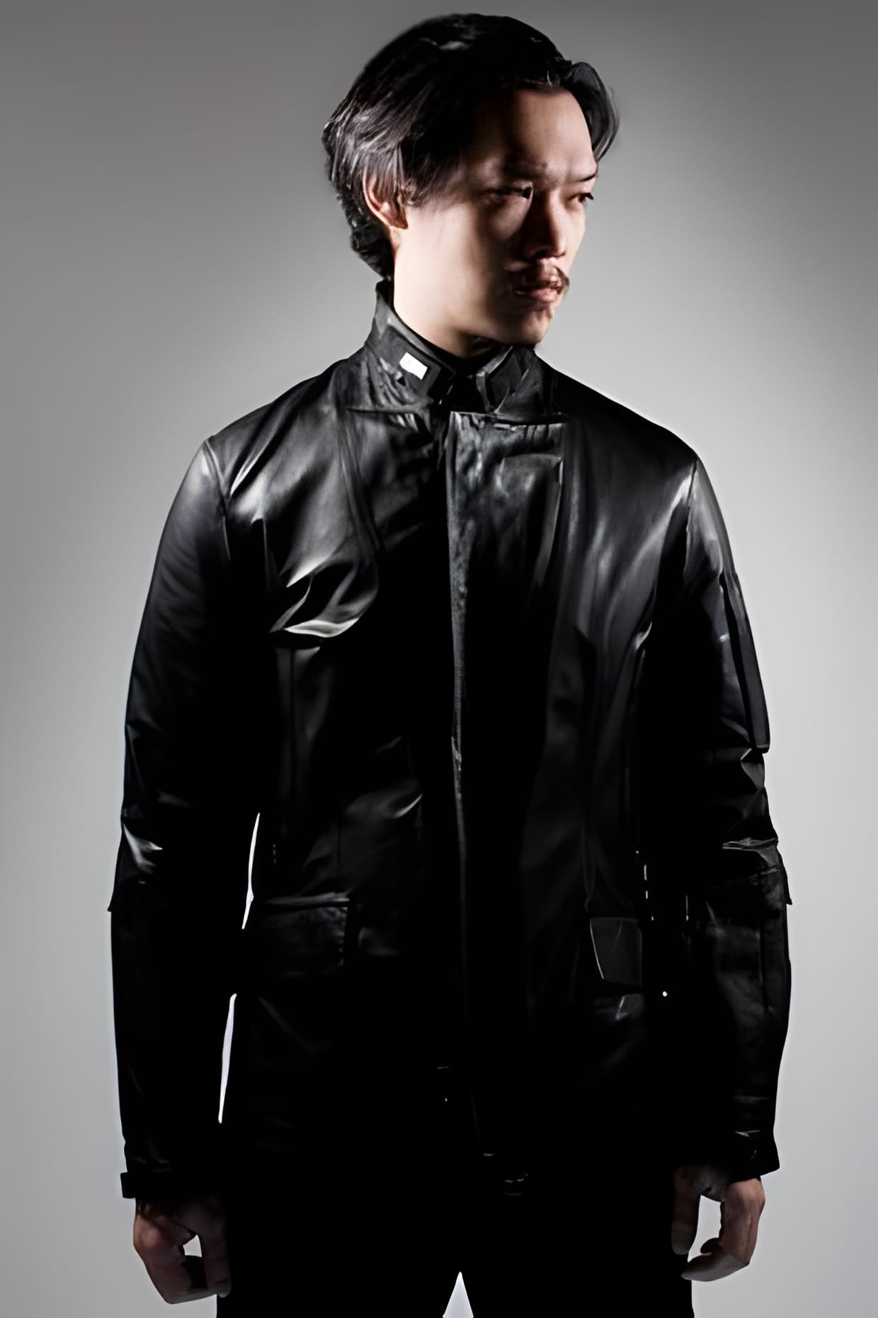 ACRONYM 2009 Fall/Winter black leather jacket worn, front view.
