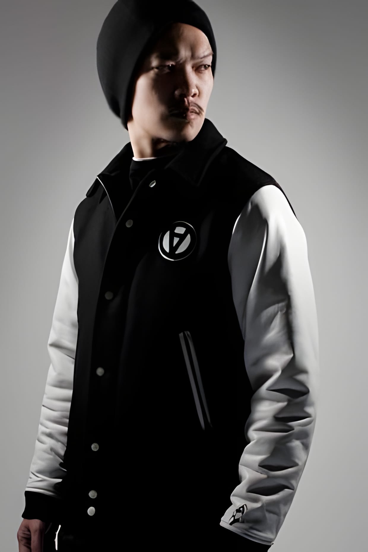 ACRONYM 2009 Fall/Winter black varsity jacket worn, with chest patch.