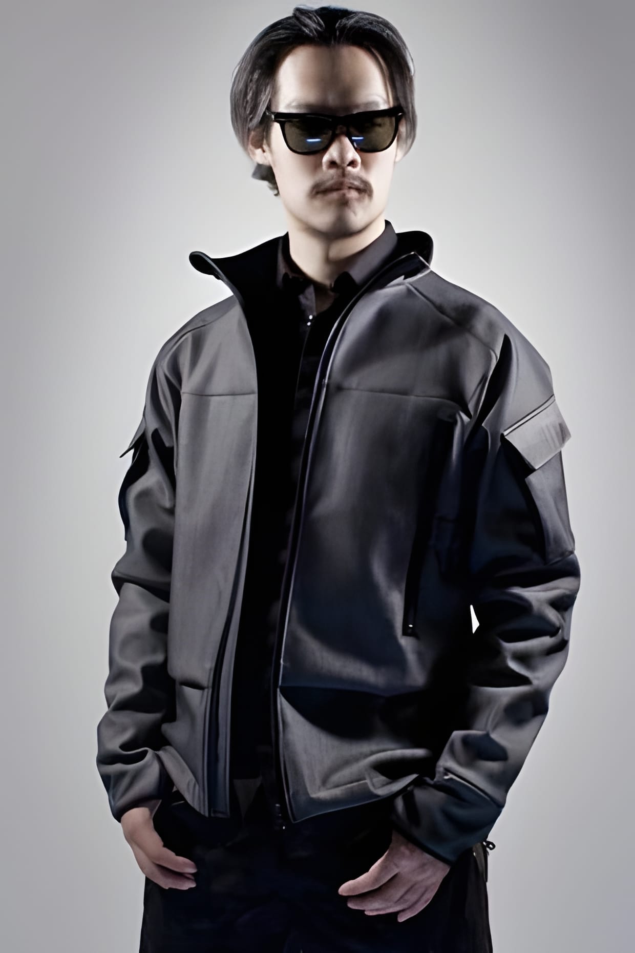 ACRONYM 2009 Fall/Winter grey softshell hooded jacket worn, front view.