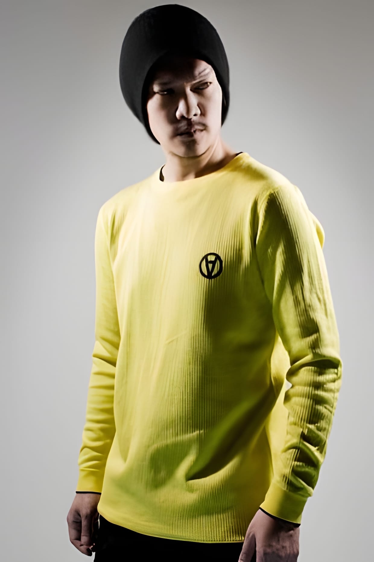 ACRONYM 2009 Fall/Winter yellow crewneck sweater worn, front view.