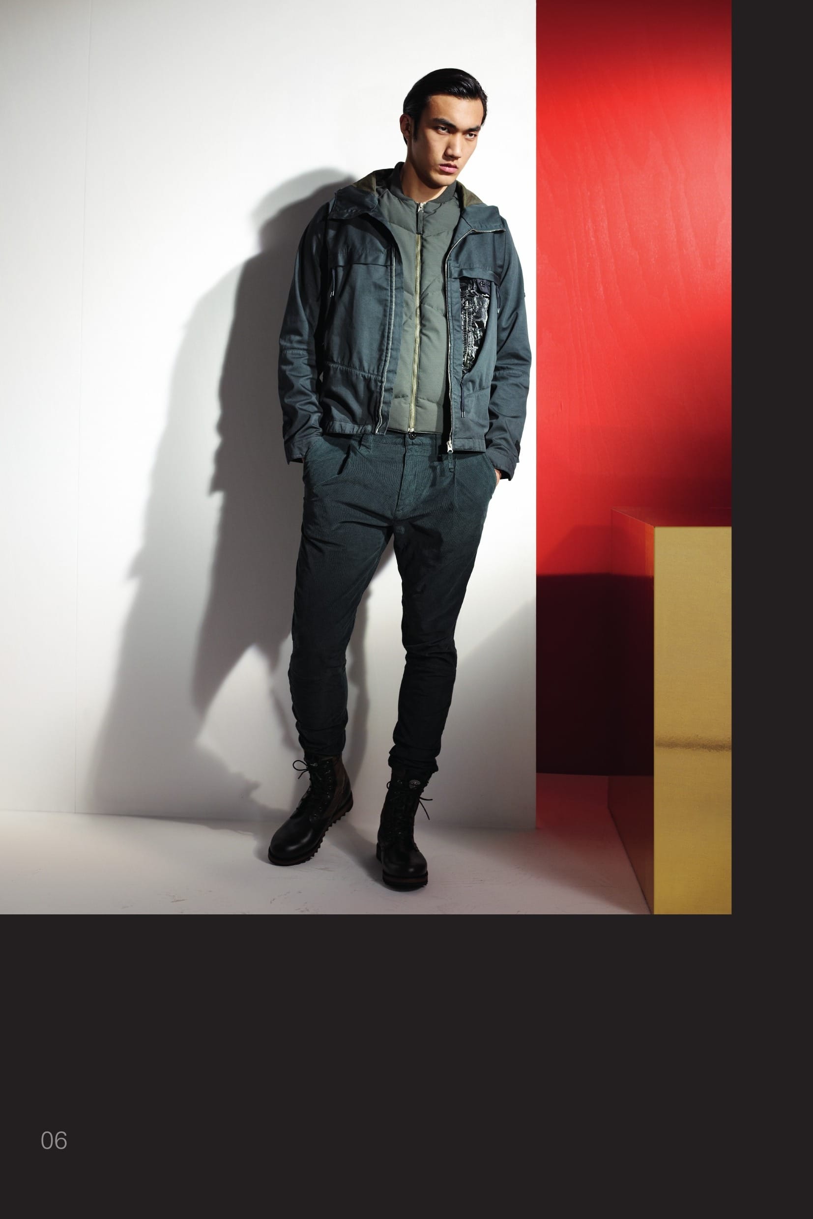 40803 CATEGORY RESIST_ SHIELD JACKET _ RASO-R 3L WITH WINDSTOPPER® Developed in association with W.L. Gore and As- sociates exclusively for STONE ISLAND SHADOW, RASO-R 3L in many ways represents the creation and ultimate expression of the SHADOW PROJECT concept. Taking one of the historic STONE ISLAND fabrics – RASO GOMMATO – as a starting point, the classic STONE ISLAND look is combined with one of the most advanced performance technologies on the market today. The Windstopper® membrane provides exceptional and unbeatable balance in terms of pro- tection and comfort. STONE ISLAND garment dyeing expertise generates unique colours that cannot be found in any other performance fabric. _ Total windproofness: Effective protection from windchill _ Maximum breathability: Allows moisture vapour to evaporate _ Maximum water resistance: Sheds rain, snow, and dries quickly _ Garment dyed with the addition of an anti-drop agent Yoke on front with small flap hiding a pocket host- ing the STONE ISLAND SHADOW badge. Trapeze pockets on the front, with side entrance fastened by an invisible zip. The left pocket has a second vertical invisible zip next to the jacket fastening, hiding an array of pockets on a layer of MUSSOLA PRISMAT- ICA, a light cotton muslin bonded to an outer finely grooved polyurethane film for a liquid/prismatic effect and the STONE ISLAND SHADOW badge. Invisible zip openings on both side seams, to guarantee extra breathability. Ergonomic sleeve construction. Shaped cuffs, adjustable through a diagonal Velcro® band. Hood with frontal anti wind collar on front and horizon- tal drawstring on the back. Rounded bottom, slightly longer on the back, with inner drawstring. G0302 CATEGORY AUGMENT_ MODULAR DOWN VEST_ TECHNICAL WOOL [WOOL / NY REPS WITH DOWN INSULATION] Technical look for this mil. spec. wool nylon rep, treated with an anti-drop agent. The vest is padded with the finest down feathers and quilted with a ray shaped motive. The Augment function allows the garment to be worn on its own or under other STONE ISLAND SHADOW coats and jackets of this, former and future collections, in order to increase the thermo performances of the grid sys- tem. Slanting pockets in the frontal quilting, fastened through an invisible zip. STONE ISLAND SHADOW badge in the inside. Collar and bottom band in finely ribbed nylon knit. White nylon lining, protected through a run proof nylon mesh, edged by a in finely ribbed nylon knit. 30509 CATEGORY_ RESIST_ PLEATED PANT _ CO MICRO CORD Trousers in slightly stretch corduroy 2000. One pleat on front. Slanting front pockets. Slightly slanting back pockets with buttoned flap. From the knee down, panel leg construction with a back inlay in a finely ribbed cotton jersey. Crop inlay. Zip and button fly fastening. Garment dyed.