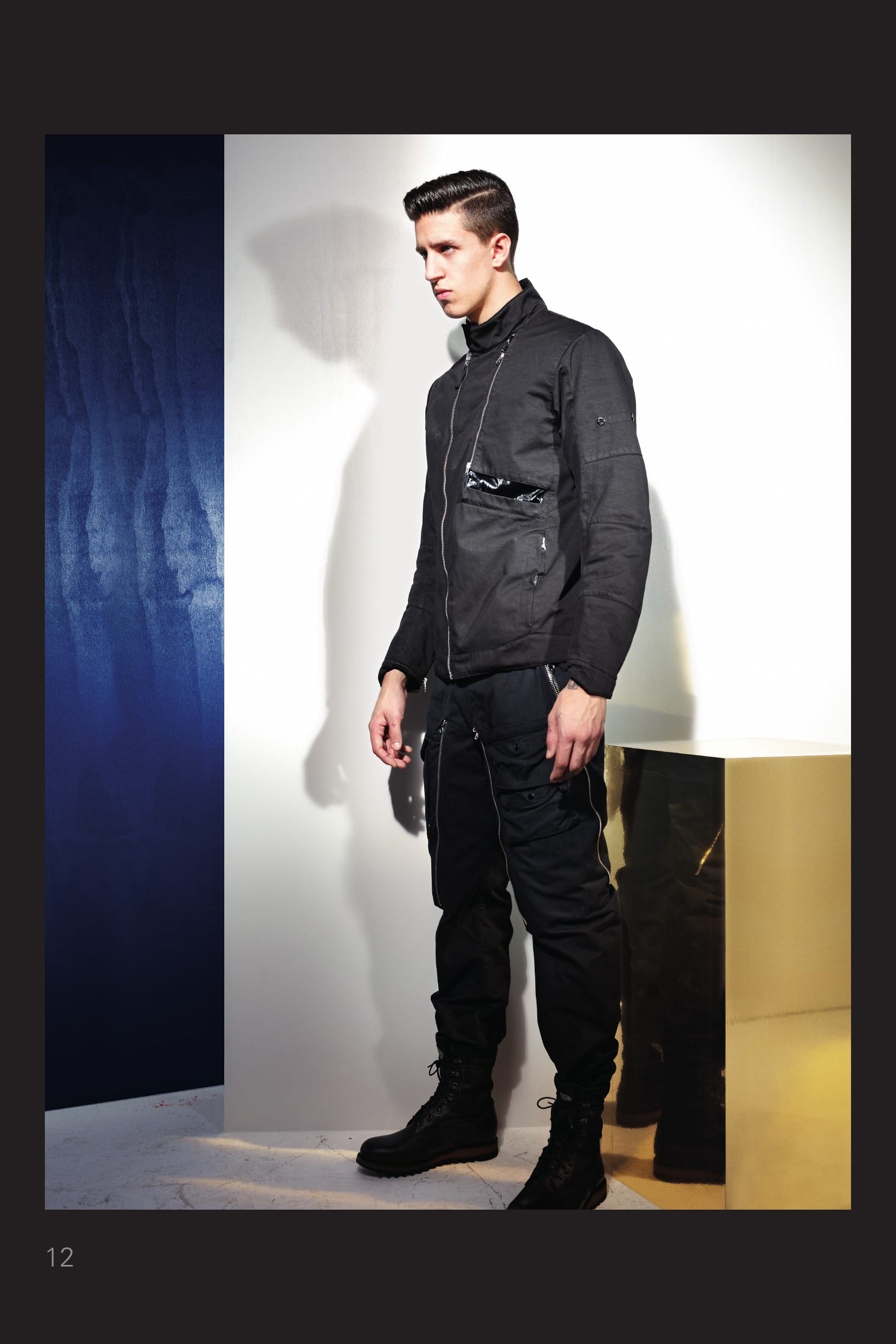 40203 CATEGORY RESIST_ CYCLONE JACKET _RASO-R 3L WITH QUILTED INSULATION Developed in association with W.L. Gore and As- sociates exclusively for STONE ISLAND SHADOW, RASO-R 3L in many ways represents the creation and ultimate expression of the SHADOW PROJECT concept. Taking one of the historic STONE ISLAND fabrics – RASO GOMMATO – as a starting point, the classic Stone Island look is combined with one of the most advanced performance technologies on the market today. The Windstopper® membrane provides exceptional and unbeatable balance in terms of pro- tection and comfort. STONE ISLAND garment dyeing expertise generates unique colours that cannot be found in any other performance fabric. _ Total windproofness: Effective protection from windchill _ Maximum breathability: Allows moisture vapour to evaporate _ Maximum water resistance: . Sheds rain, snow, and dries quickly _ Garment dyed with the addition of an anti-drop agent Jacket with band collar and a hidden asymmetrical snap fastening. On the front, vertical pockets with hid- den zip fastening. On the chest, a vertical double pull zip, hides an array of pockets on a layer of Mussola Prismatica, a light cotton muslin bonded to an outer finely grooved polyurethane film for a liquid/prismatic effect and the STONE ISLAND SHADOW badge. Ergonomic sleeve construction. Shaped cuffs with zip fastening. Iridescent nylon polyester quilted to a polyester padding. Asymmetrical zip fastening. 30412 CATEGORY_ RESIST _ CONVERT PANT [NYCO MOLESKIN] Cotton nylon moleskin trousers. On the legs, two large flaps with one double pull zip fastening on each side can be folded inside large leg pockets: the outer zips, if opened from the top, act as pocket ‘entrance’ to the trousers side pockets hidden below. The leg pockets carry and array of smaller pockets closed by flaps and snaps. One of these pockets is closed by a vertical Velcro® fastening hiding the STONE ISLAND SHADOW badge. Zip and snap fly fastening. .