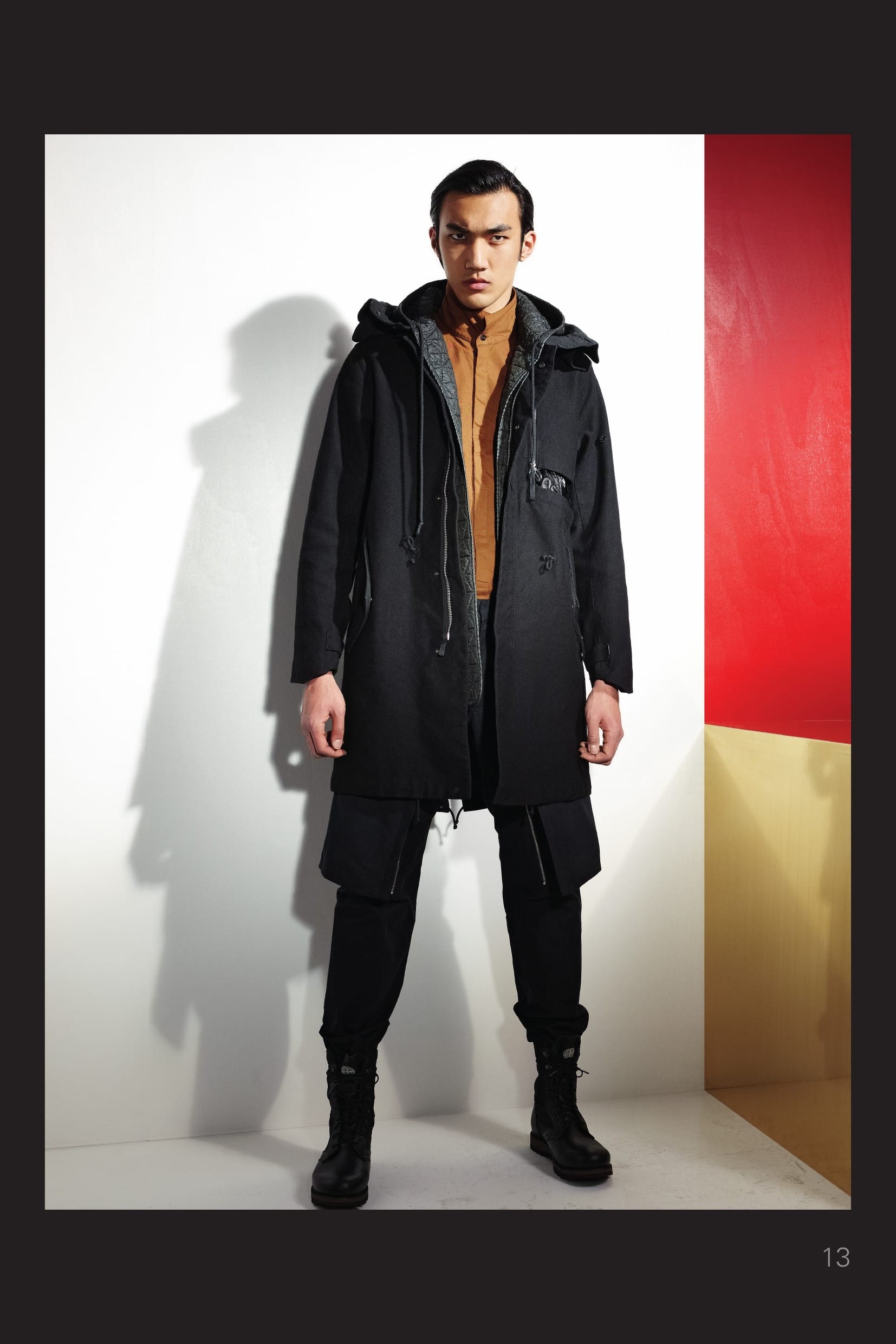 70105 CATEGORY RESIST_FISHTAIL PARKA _ DIAGONAL-R 3L [BONDED WOOL LINEN TELA] DIAGONAL-R 3L begins as a diagonal military speci- fication wool and linen tela. Bonded to a windproof, waterproof, and breathable membrane and a nylon mesh backer; it is garment dyed to achieve vivid and subtle shades of colour. The results are beauti¬ful and wearable garments which are truly STONE ISLAND; both natural and technical at once. _ Optimal weather protection: waterproof and windproof _ Breathable: Allows moisture vapour to escape _ Unique look and feel _ Garment dyed with the addition of an anti-drop agent Fishtail Parka. Diagonal pockets with flap and snap fastening. On chest, a vertical double pull zip fastening hides an array of pockets built on a layer in Mussola Prismatica, a light cotton muslin bonded to an outer finely grooved polyurethane film for a liquid/ prismatic effect, and the STONE ISLAND SHADOW badge. Ergonomic sleeve construction. Shaped cuffs, adjustable through a diagonal Velcro® band. Inner drawstring on the back, adjustable through draw- strings positioned on the front. Fishtail bottom edge with drawstring. The parka can be shortened through back and front snaps. Big detachable hood with inner band and anti-wind flap on the collar lined with a cot- ton nylon tela. 10210 CATEGORY_ SKIN _ STAND COLLAR SHIRT_ CO OXFORD Cotton Oxford shirt. Stand up collar held by one but- ton. Engineered sleeve construction with finely ribbed cotton stretch inlay under the arm. Yoke on back. Adjustable buttoned cuffs. Hidden button fastening. Garment dyed. 30412 CATEGORY_ RESIST _ CONVERT PANT [NYCO MOLESKIN ] Cotton nylon moleskin trousers. On the legs, two large flaps with one double pull zip fastening on each side can be folded inside large leg pockets: the outer zips, if opened from the top, act as pocket ‘entrance’ to the trousers side pockets hidden below. The leg pockets carry and array of smaller pockets closed by flaps and snaps. One of these pockets is closed by a vertical Velcro® fastening hiding the STONE ISLAND SHADOW badge. Zip and snap fly fastening.