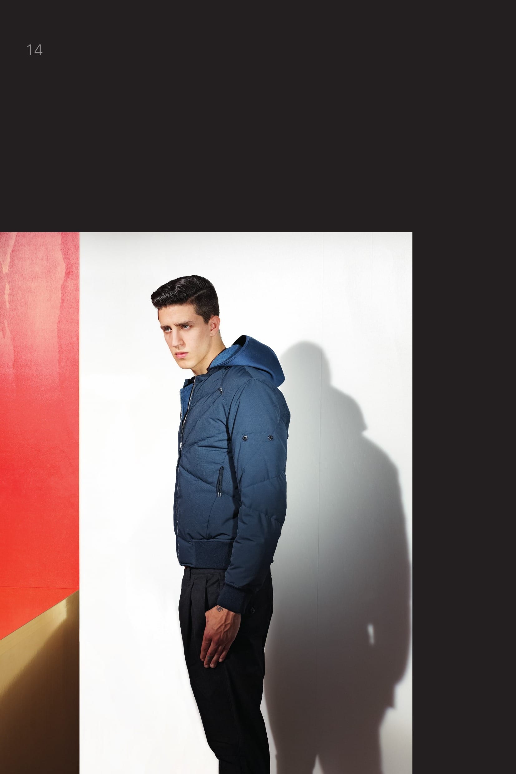 40502 CATEGORY AUGMENT_ MODULAR DOWN JACKET_ TECHNICAL WOOL [WOOL / NY REPS WITH DOWN INSULATION] Technical look for this mil. spec. wool nylon rep, treated with an anti-drop agent. The bomber jacket is padded with the finest down feathers and quilted with a ray shaped motive. The Augment function allows the garment to be worn on its own or under other STONE ISLAND SHADOW coats and jackets of this, former and future collections, in order to increase the thermo performances of the grid system. Slanting pockets in the frontal quilting, fastened through an invisible zip. STONE ISLAND SHADOW badge in the inside. Under arm inlay to allow maximum movement. Collar, cuffs and bottom band in finely ribbed nylon knit. White nylon lining, protected through a run proof nylon mesh, edged by a in finely ribbed nylon knit. 90207 CATEGORY_ EQUIP _ MODULAR HOOD_ JERSEY-R 3L Hood with throat piece in Jersey 3L, a 3-ply comp- osite fabric construction bonding a windproof water- proof breathable membrane between face and back- ers of the finest mercerized cotton jersey and cotton fleece. Modular accessory. The textile accessories of the EQUIP category can be fixed to all coats and jackets of the PROOF, RESIST and AUGMENT catego- ries of this season as well as pieces from older and future collections. They are designed not only for their primary function, but also to enrich and add a further dimension to an overall look. The accessories can be fixed to the garments using loops and snaps on the neck. Drawstring in the hood and button at collar. On the throat piece, asymmetrical zip fastening and small pocket fastened by an invisible zip. Garment dyed with the addition of an anti-drop agent. 30512 CATEGORY_ RESIST _ PLEATED PANT_ NYCO MOLESKIN Cotton nylon moleskin trousers. One pleat on front. Slanting front pockets. Slightly slanting back pockets with buttoned flap. From the knee down, panel leg construction with a back inlay in a finely ribbed cotton jersey. Crop inlay. Zip and button fly fastening. Garment dyed.