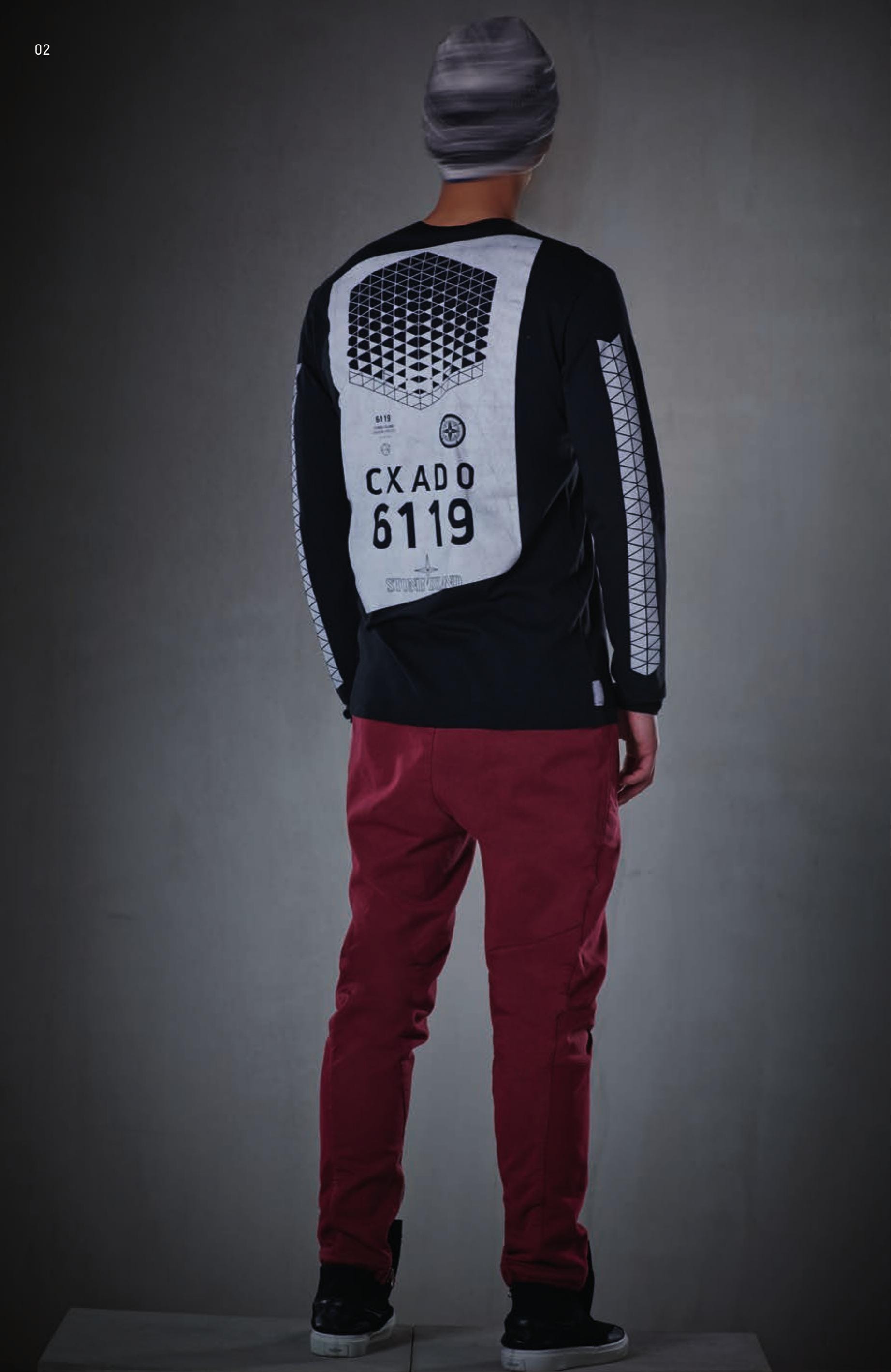 20213 LS T-SHIRT PRINTED _ INTERLOCK MAKO CO Long sleeve T-Shirt in mako cotton interlock. Small chest print. Print on sleeves. Big print on back carrying the CXADO 6119 motive. Garment dyed. N02A5 BEANIE _ WO/PL/PA Beanie in a double layer of wool/ polyester/nylon, made in a jacquard weaved motive using different yarns creating a ‘glitch’ effect, the ’disturbed’ graphical effect on monitors because of system interferences. The edge, in a seamless inlay in solid colour nylon yarn holds the inner woolen layer attached to the outer one. 30710 TRACK PANT _ GABARDINE CO/PL/EA Jogger inspiration pant in cotton/polyester gabardine with a mélange appearance. Garment over dyed. Elasticated band and drawstring at waist. Slightly diagonal zip fastened pockets on the front. One zip fastened pocket on the back. Shaped legs, looser on the rear. Zip on leg bottom next to a brushed cotton patch. Elasticated band in the leg end seam.