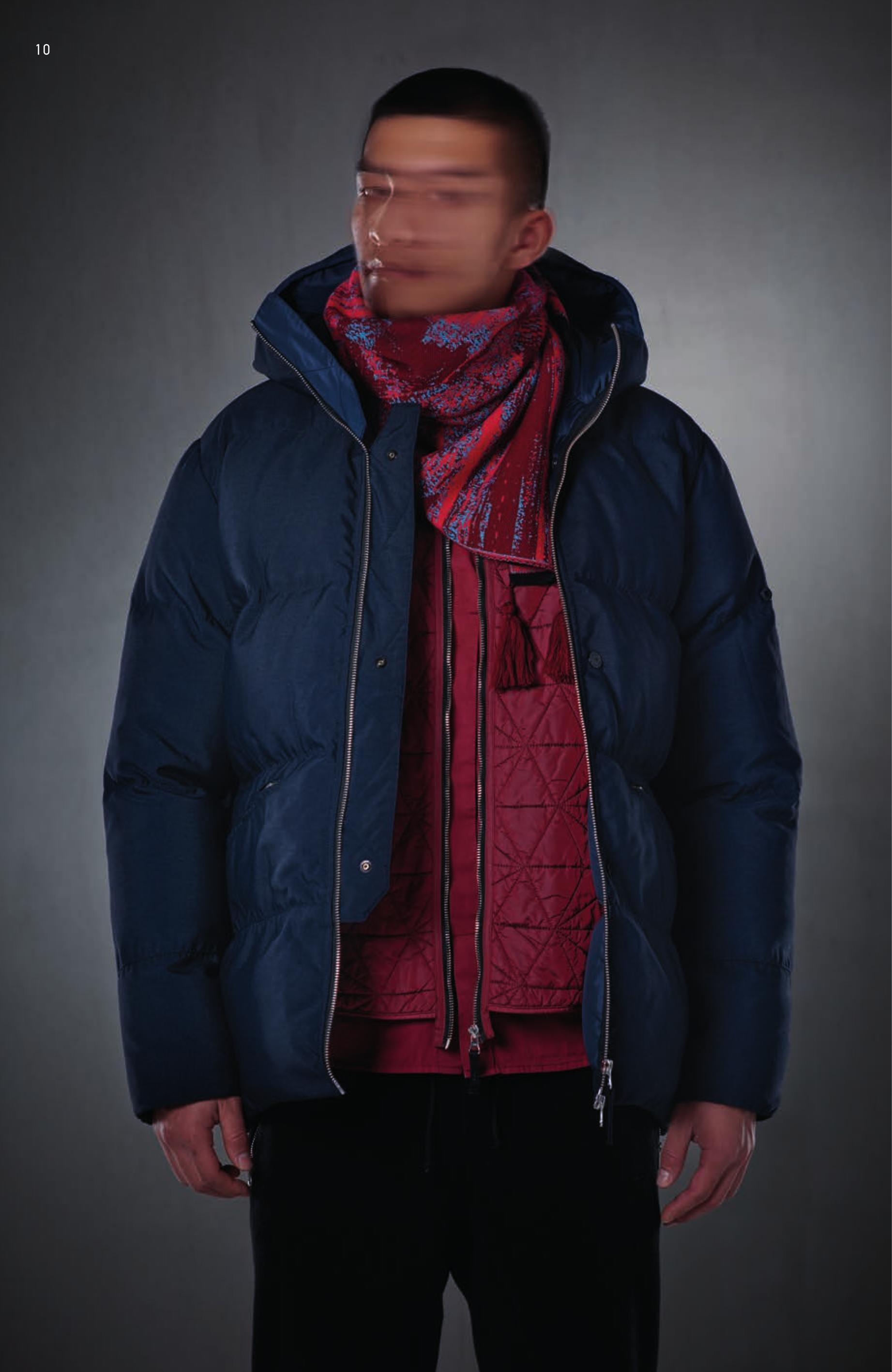 40604 DOWN JACKET _ HOLLOWCORE PL Hooded down jacket made in Hollowcore a robust appearance polyester canvas with a surprisingly light weight and comfortable hand thanks to the use of hollow structure of the textile fibres. The piece is garment dyed under pressure at 130°C. Subsequently, the down is inserted into the piece through direct injection. Diagonal pockets with zip fastening. Microfiber lining. Vertical tape applied on the back. Bottom drawstring. Zip fastening and snaps on an inner placket. G0418 INSULATED ZIP VEST _ QUILTED IRIDESCENT PA Vest in an iridescent nylon, slightly padded and quilted with a star shaped motive. Zip fastening. The vest is a modular item engineered to augment the insulation properties of the outerwear pieces: it can be fixed, through loops and snaps, to all the Stone Island Shadow Project shoulder pieces. N01A5 SHEMAGH _ WO/PL/PA Squared ‘Shemagh’ scarf in wool/ polyester/nylon, made in a jacquard weaved motive using different yarns creating a ‘glitch’ effect, the ’disturbed’ graphical effect on monitors because of system interferences. Two sides are edged in solid colour nylon yarn. Tassels on the four corners. 30811 TRACK PANT _ FLEECE CO/PA Fleece track pant in light cotton/ nylon plush with a mélange look. Garment dyed. Elasticated band and drawstring at waist. Slightly diagonal zip fastened pockets on the front. One zip fastened pocket on the back. Shaped legs, looser on the rear. Zip on leg bottom. Elasticated band in the leg end seam. ing the Stone Island Shadow Project badge. Air vents on armhole. Ribbed heavy nylon jersey cuffs and bottom band. Zip and snaps fastening. 20514 LS T-SHRIT _ MELANGE SLUB CO Long sleeve T-Shirt in slub cotton jersey. ‘Catch’ patch pocket on chest, with side opening. Shaped cut on the bottom rear.