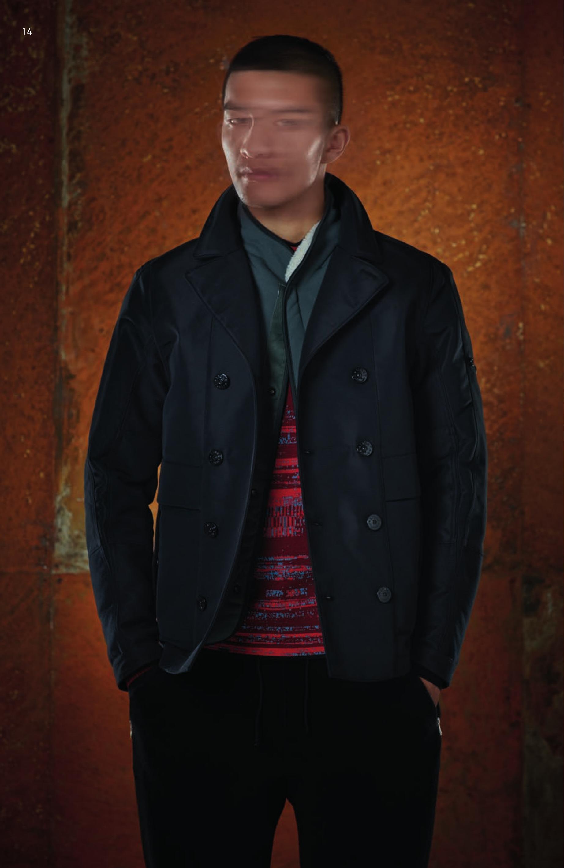 40515 PEA COAT _ HEAVY PA/CO Pea Coat in heavy double face nylon/ cotton satin. The fabric is used both with the nylon and cotton face out. Two double pockets with vertical openings, one fastened by flap and snap, the other with zip fastening. The pockets are partly hidden by the long front horizontal flap. On the back, a big rain flap is held by small seams allowing air ventilation. Double row of buttons fastening. G0216 MODULAR VEST _ BONDED FLEECE PL/PA Vest in a double face fleece material, nylon jersey outside, polyester plush inside. When garment dyed, the outer nylon takes the colour of the dye recipe while the inside doesn’t. Totally edged in a shiny polyester jersey. Raised collar. On seam pockets with snap fastening. Snap fastening on nylon tape. This vest is a modular item engineered to augment the insulation properties of the outerwear pieces: it can be fixed, through loops and snaps, to all the Stone Island Shadow Project shoulder pieces. 501A3 MOCK NECK SWEATER _ WO/PL/PA State of the Art in knitting techniques. Mock neck knit in wool/polyester/ nylon. Made with a jacquard weaved motive using different yarns creating a ‘glitch’ effect, the ’disturbed’ graph- ical effect on monitors because of system interferences. Cuffs and bottom band with a seamless construction inlay in solid colour nylon yarn. 30811 TRACK PANT _ FLEECE CO/PA Fleece track pant in light cotton/nylon plush with a mélange look. Garment dyed. Elasticated band and drawstring at waist. Slightly diagonal zip fastened pockets on the front. One zip fastened pocket on the back. Shaped legs, looser on the rear. Zip on leg bottom. Elasticated band in the leg end seam.