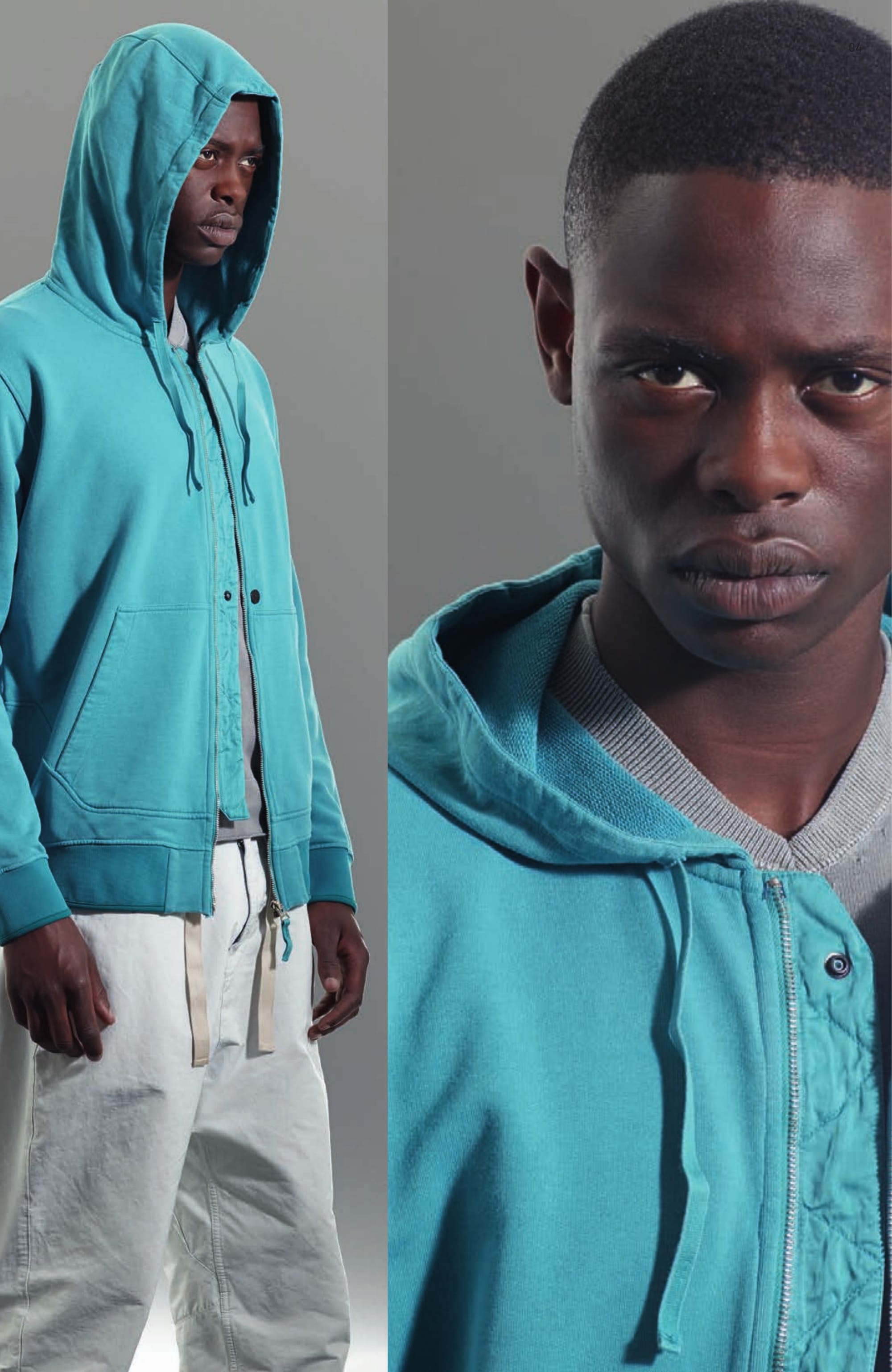 60210 HOODIE _ FELPA CO Hooded full zip sweatshirt in cotton fleece. Garment dyed. Drawstring at hood. Patch front pockets with diagonal opening over shaped inlay. Ribbed heavy nylon cuffs and bottom band. Inlay in reversed fleece on the lower back. Zip and two buttons fastening. 501A3 V NECK _ CO PIGMENT DYE Long sleeve V-neck knit in light cotton crêpe. Garment dyed and subsequently over-dyed with natural pigments to achieve a deep and iridescent colour shade. Ribbed collar. Zigzag motif on the ribbed cuffs. Ribbed inner bottom line. On the left sleeve, partly concealed Stone Island Shadow Project badge. 30203 WIDE PANT _ DAVID-C Pants in David-C. Garment dyed under pressure. Over-dyed cotton recipe. This historical Japanese star shaped cross section polyester/polyamide microfiber, is enriched by an inner diagonal cotton face coming directly from the loom. The high pressure 130°C garment dyeing procedure colours the polyester outer surface and transforms the hand of the material resulting in a unique tactile experience. After thoroughly washing the piece, a second dye bath over-dyes the inner cotton surface. This double dye procedure enables a wide range of tone on tone or highly contrasting colours. Wide fit, low crotch. Diagonal front pockets. Two back pockets with button fastening. Vertical fitting seam above back pockets. Leg bottom edge with tape edging. Drawstring at waist. Zip and button fastened fly.