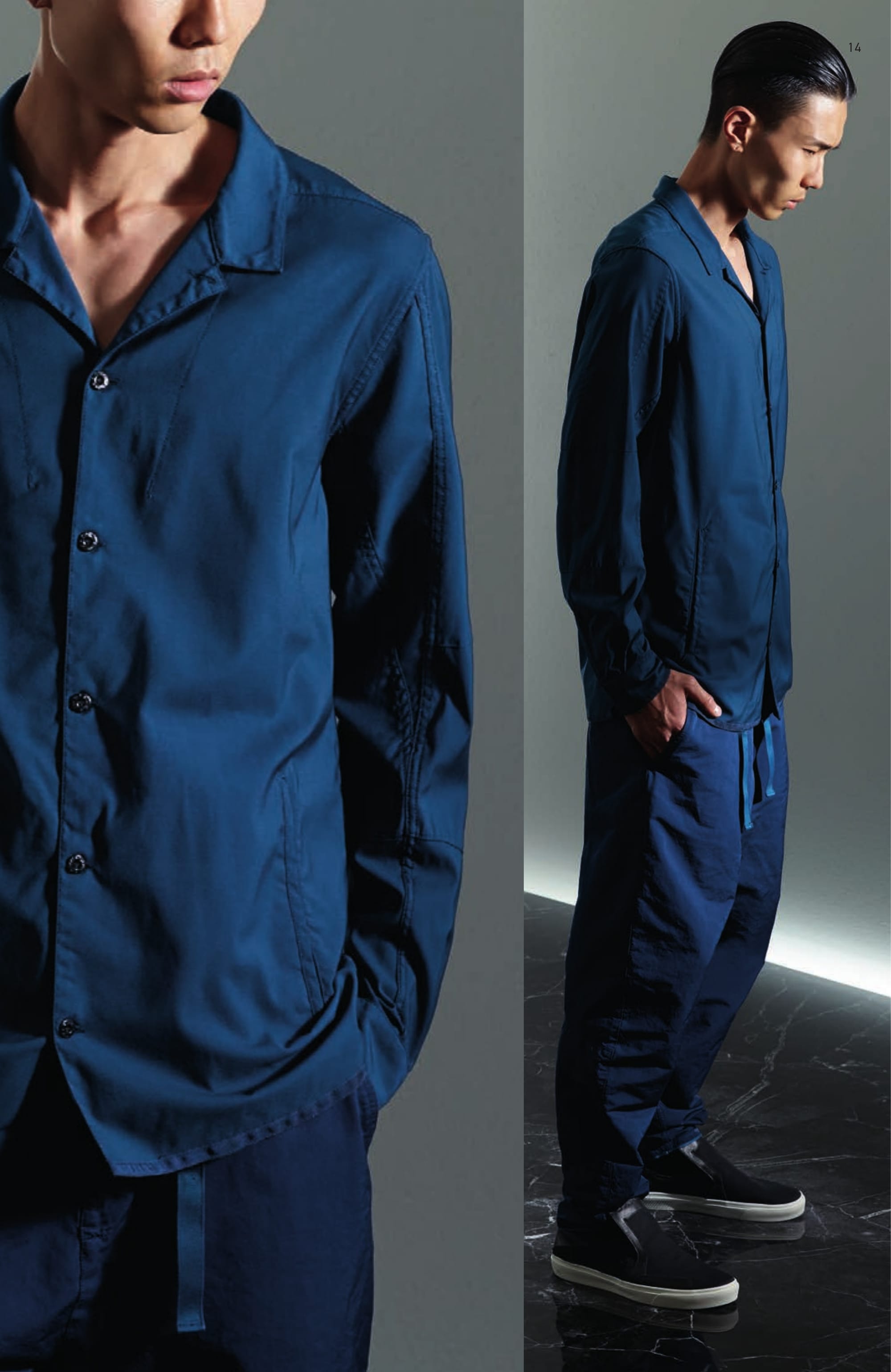 10305 OVERSHIRT _COATED WOOL Long sleeve overshirt in light wool gabardine, lightly pigment coated on the inside to give body to the fabric and achieve a two-colour effect. Wide fit. Vertical front pockets. Engineered cuts on sleeves. Cuffs with tape edging and adjustable button fastening. Yoke on back. Rounded bottom with side slits with inner taping. Button fastening. 30105 CHINO _ COATED WOOL Chino pants in light wool gabardine, lightly pigment coated on the inside to give body to the fabric and achieve a two-colour effect. Wide fit. One small pleat along vertical front pockets. Two back welt pockets with button fastening. Vertical fitting seam above back pockets. Zip and button fastened fly. S0122 STEP-ON SLIP-ON 3 _ CANVAS / LEATHER / PONY HAIR Modular and versatile shoe. The back of the shoe, in heavy ribbed double layer nylon jersey transforms this deck-shoe into a slip-on shoe. Cotton canvas upper with leather and pony hair inlays. Oversized tongue carrying the CXADO heat print motif. White real rubber sole.