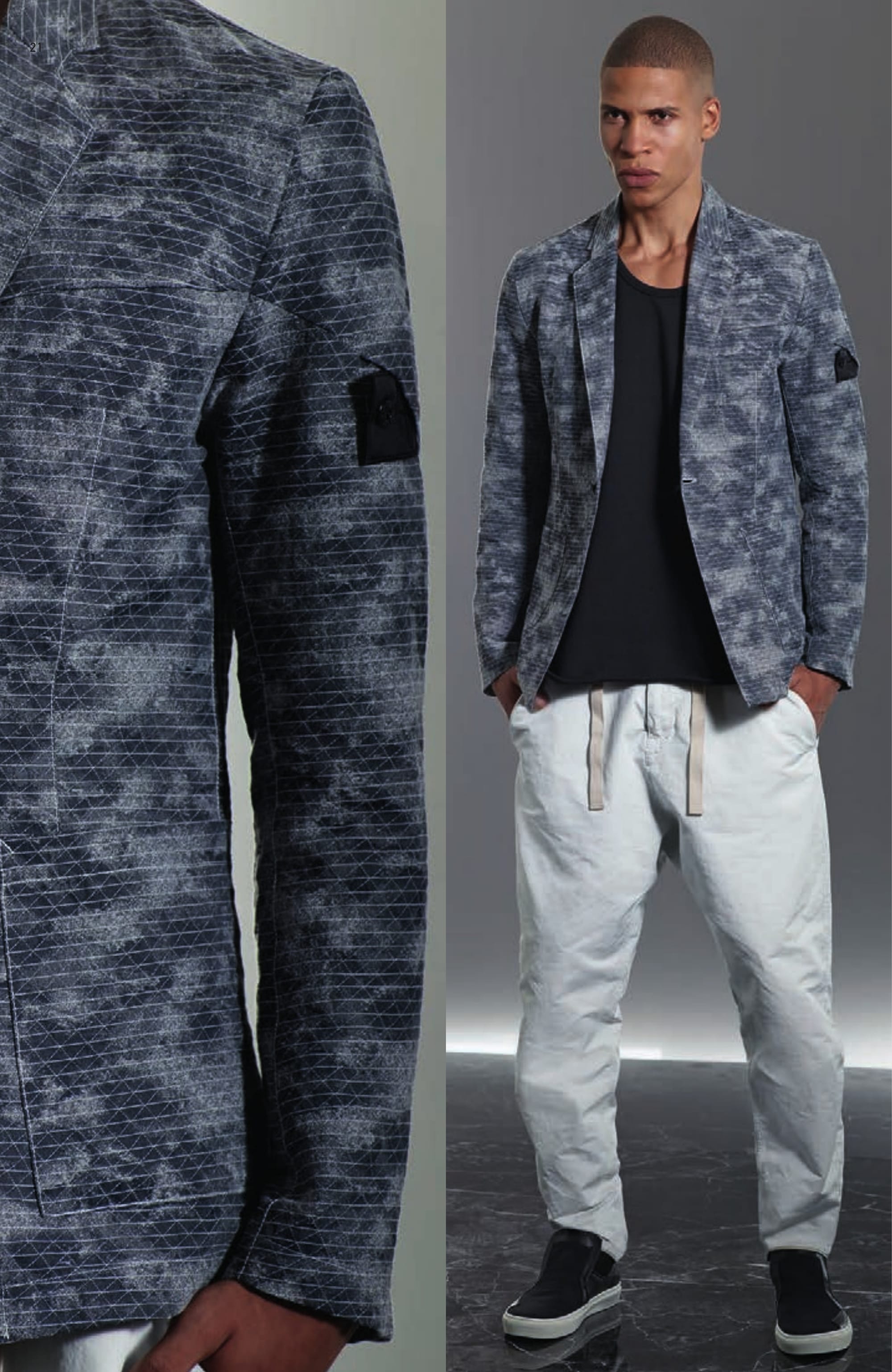 A0104 SB BLAZER _ DPM GRID JACQUARD Single breasted blazer in custom made cotton/nylon jacquard. Garment dyed. It is fitting that industrial age Jacquard looms are regarded by many as a precursor to modern computer science; the resolution and complexity achievable with today’s machines are an elegant reflection of the digital age. The cotton and nylon yarns of DPM GRID JAQUARD are garment dyed separately in complementary or contrasting colours. The results of this dye procedure are spectacularly multi-layered; capturing both high definition contrasts or subtle tonal shading depending on colour combination. Computation rendered in physical wearable form. Notched lapels with squared indent. Two fitting vertical seams on the front. Patch front pockets. Chest pocket hidden by a fabric inlay creating a fold. On the left sleeve, partly concealed Stone Island Shadow Project badge. Concealed button fastening cuffs. Two side back vents. Half lining in technical nylon mesh with small vertical zip fastened inner pocket. Single button fastening. 60110 TANK TOP _FELPA CO Tank top sweatshirt in cotton fleece. Garment dyed. Wide fit. Wide armholes with cotton mesh inlay on back. Ribbed neckline. Overlapping rounded bottom with ribbed outline. 30203 WIDE PANT _ DAVID-C Pants in David-C. Garment dyed under pressure. Over-dyed cotton recipe. This historical Japanese star shaped cross section polyester/polyamide microfiber, is enriched by an inner diagonal cotton face coming directly from the loom. The high pressure 130°C garment dyeing procedure colours the polyester outer surface and transforms the hand of the material resulting in a unique tactile experience. After thoroughly washing the piece, a second dye bath over-dyes the inner cotton surface. This double dye procedure enables a wide range of tone on tone or highly contrasting colours. Wide fit, low crotch. Diagonal front pockets. Two back pockets with button fastening. Vertical fitting seam above back pockets. Leg bottom edge with tape edging. Drawstring at waist. Zip and button fastened fly. S0122 STEP-ON SLIP-ON 3 _ CANVAS / LEATHER / PONY HAIR Modular and versatile shoe. The back of the shoe, in heavy ribbed double layer nylon jersey transforms this deck-shoe into a slip-on shoe. Cotton canvas upper with leather and pony hair inlays. Oversized tongue carrying the CXADO heat print motif. White real rubber sole.