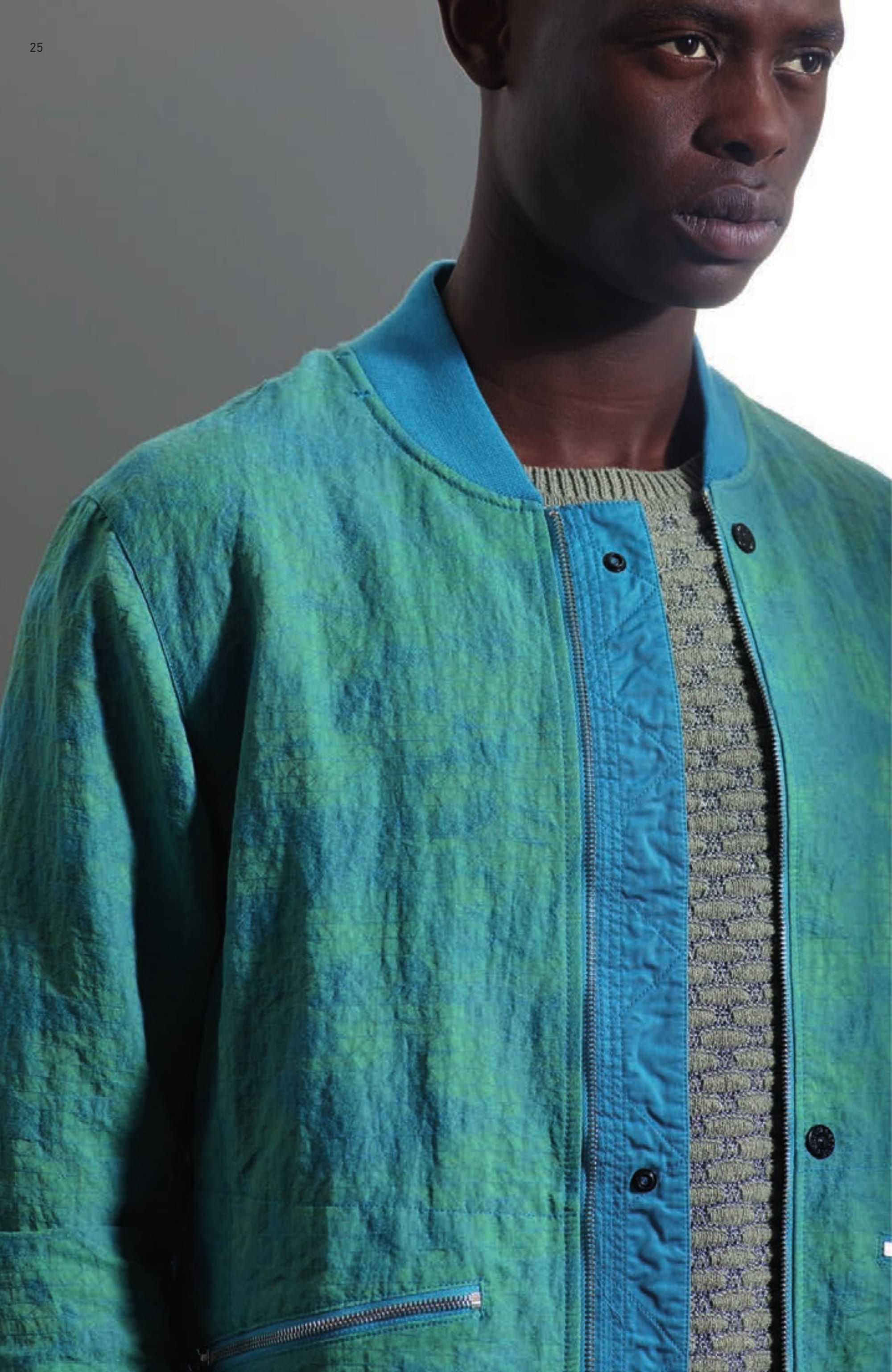 40304 BOMBER JACKET _ DPM GRID JACQUARD Bomber Jacket in custom made Stone Island DPM design cotton/nylon jacquard. Garment dyed with double dye recipe. It is fitting that industrial age Jacquard looms are regarded by many as a precursor to modern computer science; the resolution and complexity achievable with today’s machines are an elegant reflection of the digital age. The cotton and nylon yarns of DPM GRID JAQUARD are garment dyed separately in complementary or contrasting colours. The results of this dye procedure are spectacularly multi-layered; capturing both high definition contrasts or subtle tonal shading depending on colour combination. Computation rendered in physical wearable form. Ribbed cotton collar, cuffs and bottom band. Shaped front bellows pockets with zip fastening. Wide armholes to ease movement. Zip and two snaps fastening.