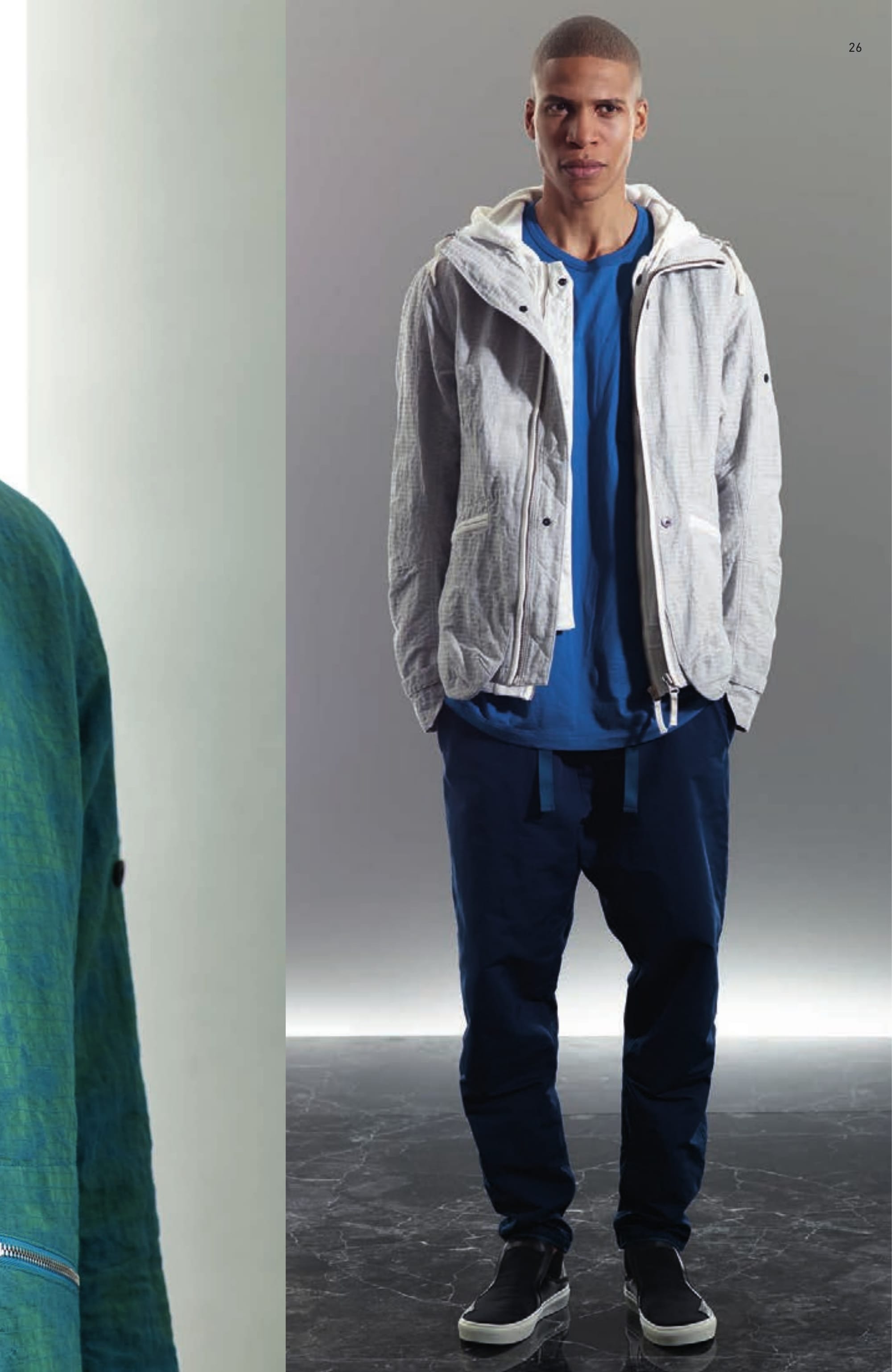 40404 CAGOULE _ DPM GRID JACQUARD Hooded jacket in custom made Stone Island DPM design cotton/nylon jacquard. Garment dyed. It is fitting that industrial age Jacquard looms are regarded by many as a precursor to modern computer science; the resolution and complexity achievable with today’s machines are an elegant reflection of the digital age. The cotton and nylon yarns of DPM GRID JAQUARD are garment dyed separately in complementary or contrasting colours. The results of this dye procedure are spectacularly multi-layered; capturing both high definition contrasts or subtle tonal shading depending on colour combination. Coamputation rendered in physical wearable form. Drawstring on hood, in hollowcore nylon 70102 CAR COAT _ HOLLOWCORE METAL Car coat in hollowcore nylon twill. Garment dyed. The high-density structure of HOLLOWCORE METAL fabric belies its surprisingly lightweight and comfortable hand. This effect is achieved by the use of hollow polyamide fibres, which provide substantial volume with minimal mass. When garment dyed, the special structure of the fabric results in incredibly vivid metallic colours and a deep iridescent sheen. Collar with small notched lapels. Slanting front pockets. Adjustable straps at shaped cuffs. Air vent under armholes. Shoulder yoke. Central back vent. Concealed button fastening. 10208 WORK SHIRT _ CO BATISTE Long sleeve shirt in cotton batiste. Wide opened collar. Adjustable buttons fastening at cuffs. Shoulder yoke with centre box pleat. Rounded bottom hemline. Button fastening. S0122 STEP-ON SLIP-ON 3 _ CANVAS / LEATHER / PONY HAIR Modular and versatile shoe. The back of the shoe, in heavy ribbed double layer nylon jersey transforms this deck-shoe into a slip-on shoe. Cotton canvas upper with leather and pony hair inlays. Oversized tongue carrying the CXADO heat print motif. White real rubber sole.