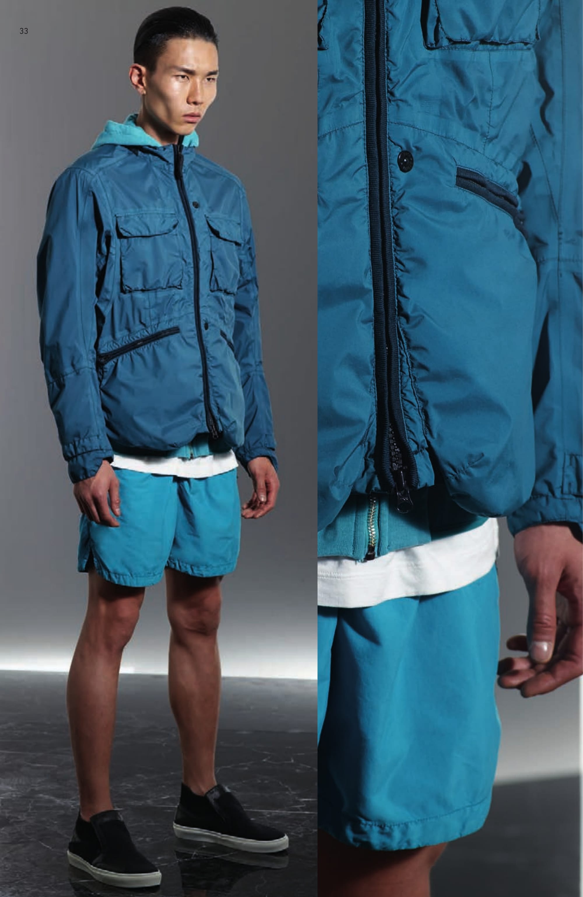40801 FIELD JACKET _ PULVER-R 3L Field Jacket in Pulver-R 3L, custom made performance fabric. Garment dyed. This fabric begins by laminating an ultra-light nylon face fabric to a breathable, water and wind resistant membrane, and an almost imperceptible woven polyester backer. Stone Island’s expertise in garment dyeing bestows the outer face with unparalleled colour without adversely affecting the technical performance of the membrane. The addition of a special agent to the dye formula makes the piece anti-drop. Heat sealing tapes inside to enhance weather protection. Raised collar with elasticated band on the back. Shaped front bellows pockets with zip fastening edged in nylon jersey. Chest patch bellows pockets with snap fastening flap. Wide armholes to ease movement. Adjustable straps at shaped cuffs. Drawstring at bottom. Two snaps and zip fastening edged in nylon jersey. 60210 HOODIE _ FELPA CO Hooded full zip sweatshirt in cotton fleece. Garment dyed. Drawstring at hood. Patch front pockets with diagonal opening over shaped inlay. Ribbed heavy nylon cuffs and bottom band. Inlay in reversed fleece on the lower back. Zip and two buttons fastening. B0116 SWIM TRUNK _ BRUSHED NY Swim trunks in light brushed nylon. Garment dyed. Diagonal cut side seams, covered with tape and hosting pockets. Fitting seams on back. Shaped patch pocket on back with side zip fastening and partly concealed Stone Island Shadow Project badge. S0122 STEP-ON SLIP-ON 3 _ CANVAS / LEATHER / PONY HAIR Modular and versatile shoe. The back of the shoe, in heavy ribbed double layer nylon jersey transforms this deck-shoe into a slip-on shoe. Cotton canvas upper with leather and pony hair inlays. Oversized tongue carrying the CXADO heat print motif. White real rubber sole.