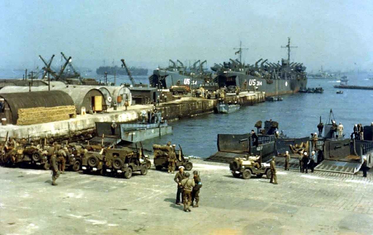LCTs being loaded, June 1944 (US Army CMH)