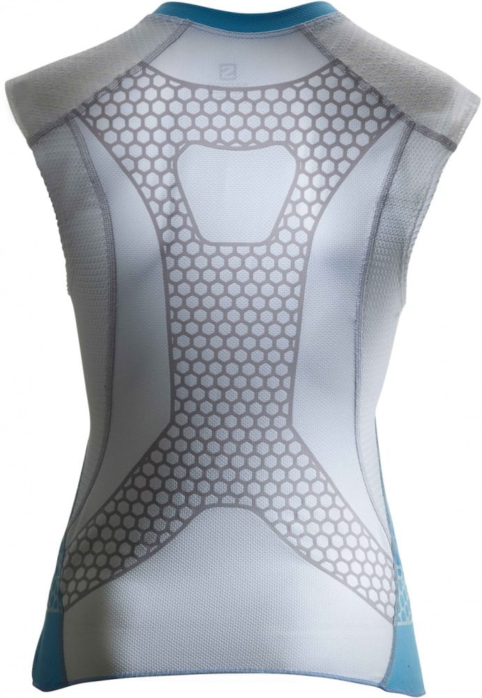 Women’s Salomon S/LAB EXO Tank, rear view showing the spine and shoulder support grid