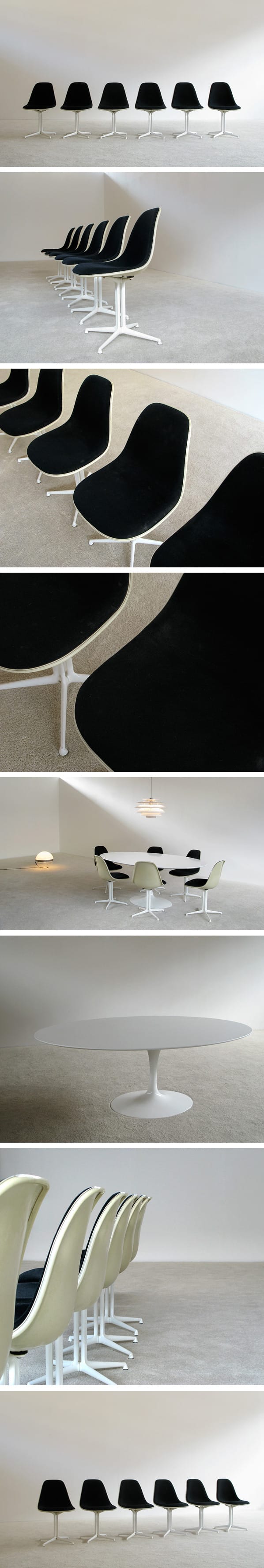 Eight stacked views of six marine-blue Eames La Fonda chairs, their white bases, upholstery details and a matching white pedestal table.