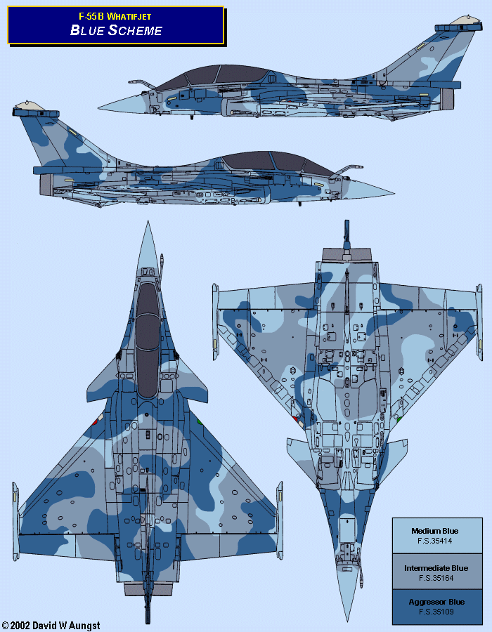 David W. Aungst F-55B Whatifjet Blue Scheme in four Rafale B orthographic views.