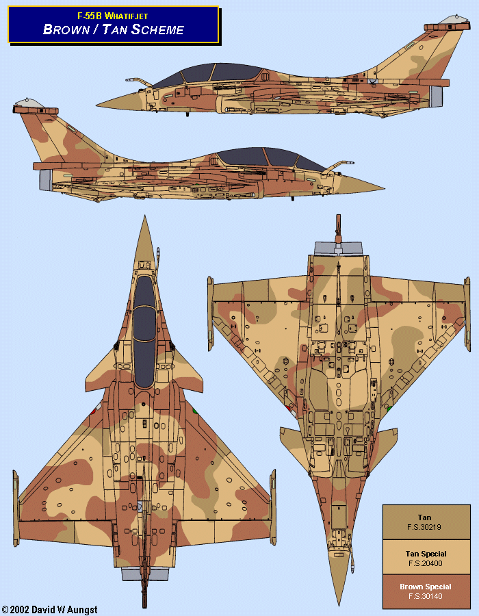 David W. Aungst F-55B Whatifjet Brown and Tan Scheme in four Rafale B orthographic views.
