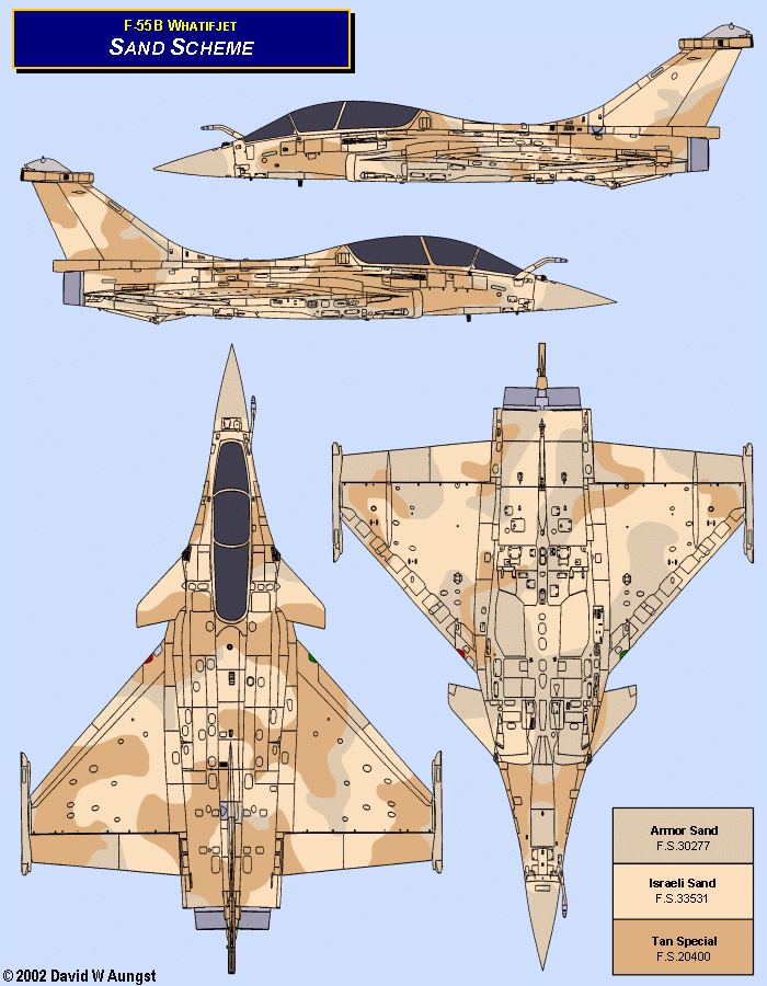 David W. Aungst F-55B Whatifjet Sand Scheme in four Rafale B orthographic views.