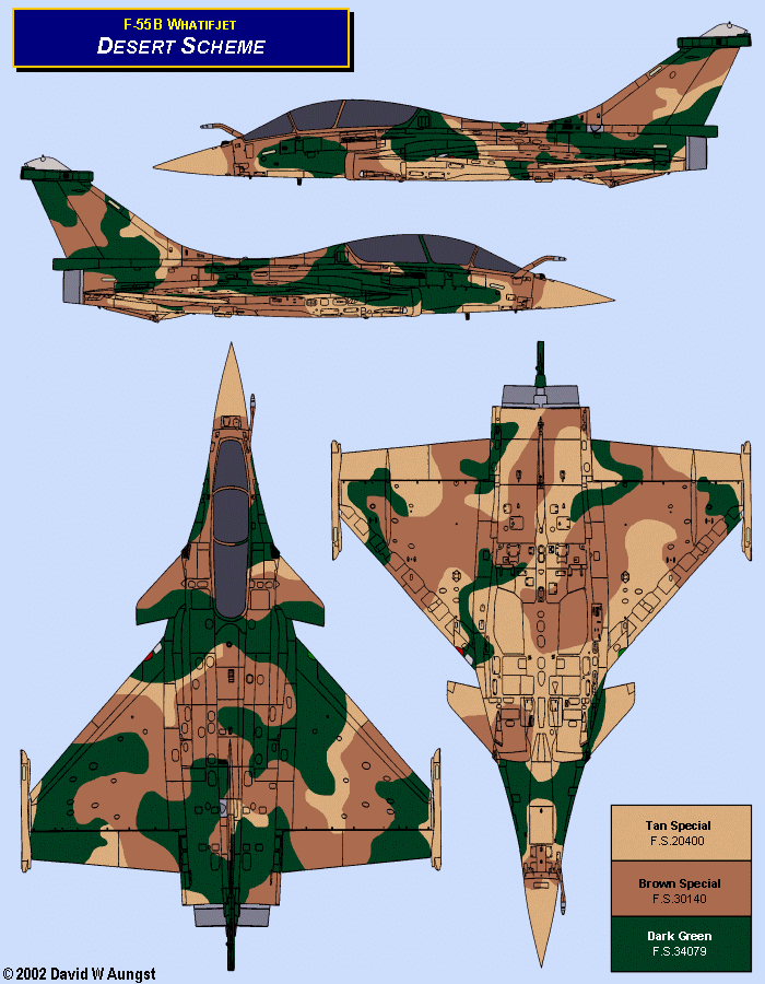 David W. Aungst F-55B Whatifjet Desert Scheme in four Rafale B orthographic views.