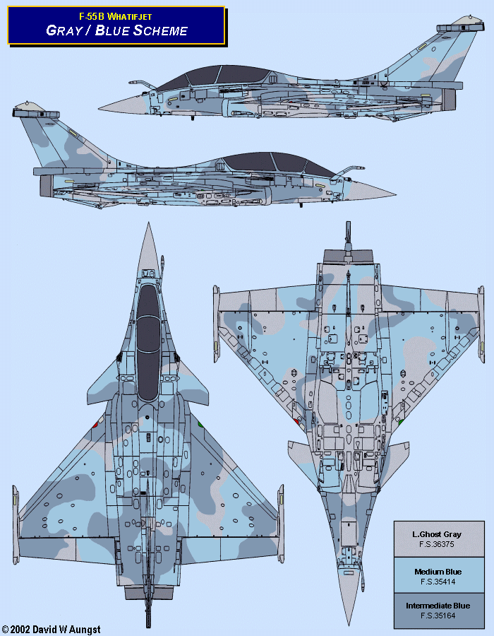David W. Aungst F-55B Whatifjet Gray and Blue Scheme in four Rafale B orthographic views.