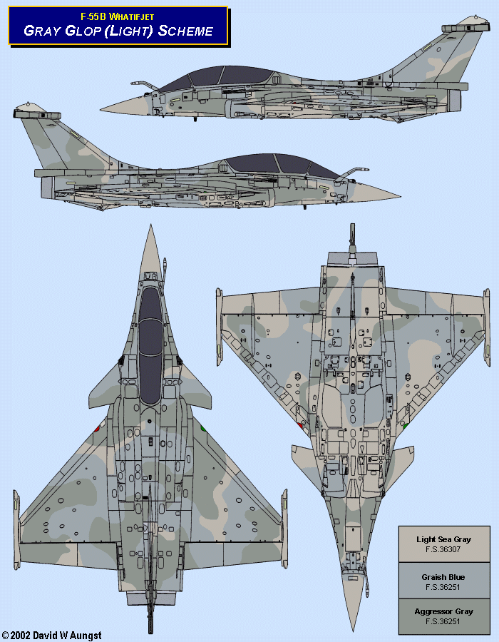David W. Aungst F-55B Whatifjet Gray Glop Light Scheme in four Rafale B orthographic views.