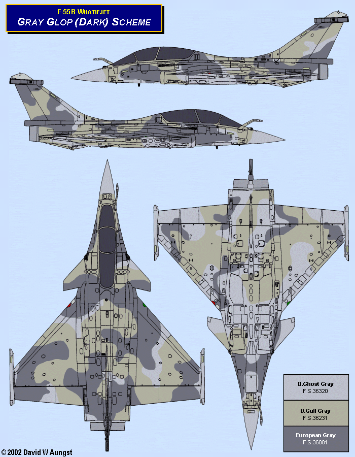 David W. Aungst F-55B Whatifjet Gray Glop Dark Scheme in four Rafale B orthographic views.