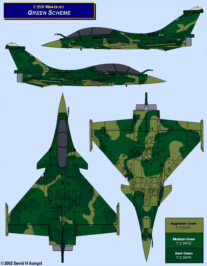 David W. Aungst F-55B Whatifjet Green Scheme in four Rafale B orthographic views.