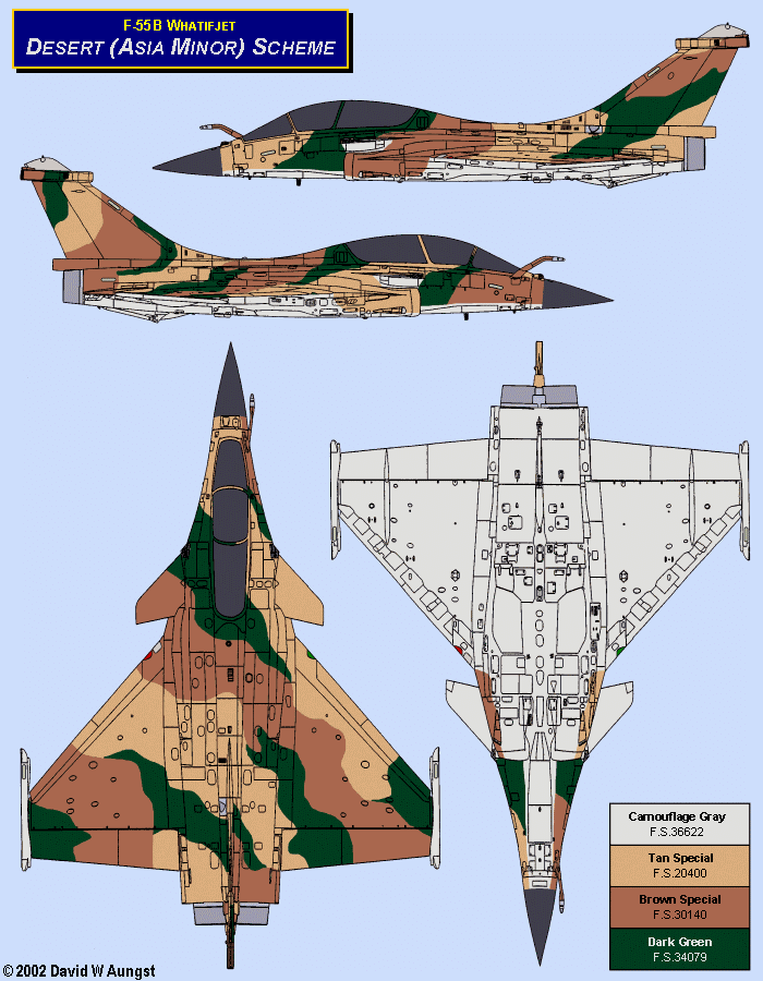 David W. Aungst F-55B Whatifjet Desert Asia Minor Scheme in four Rafale B orthographic views.