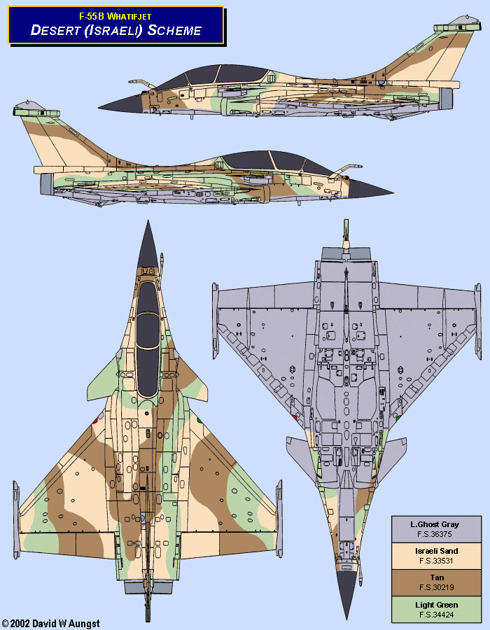David W. Aungst F-55B Whatifjet Desert Israeli Scheme in four Rafale B orthographic views.