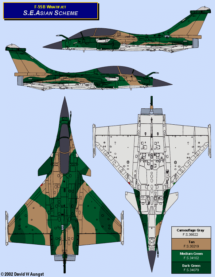 David W. Aungst F-55B Whatifjet Southeast Asian Scheme in four Rafale B orthographic views.