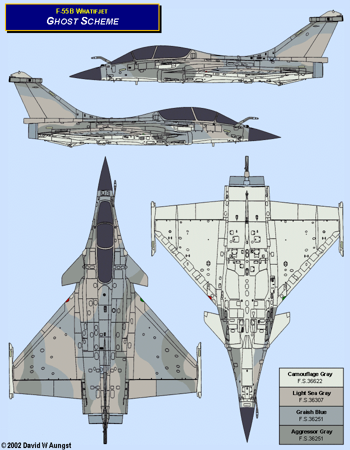 David W. Aungst F-55B Whatifjet Ghost Scheme in four Rafale B orthographic views.