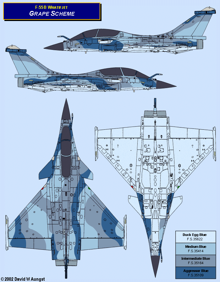 David W. Aungst F-55B Whatifjet Grape Scheme in four Rafale B orthographic views.