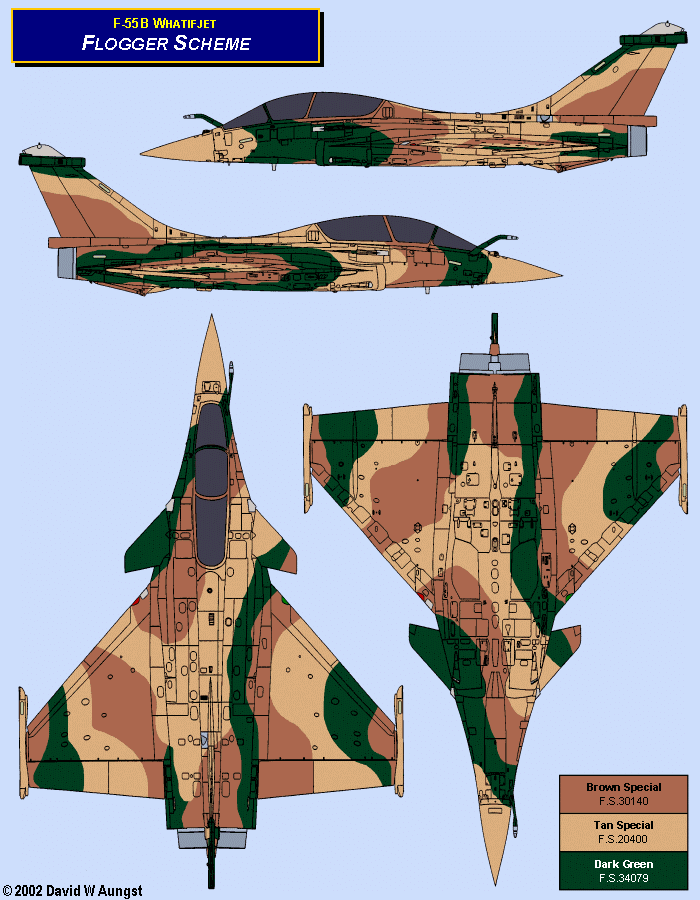 David W. Aungst F-55B Whatifjet Flogger Scheme in four Rafale B orthographic views.