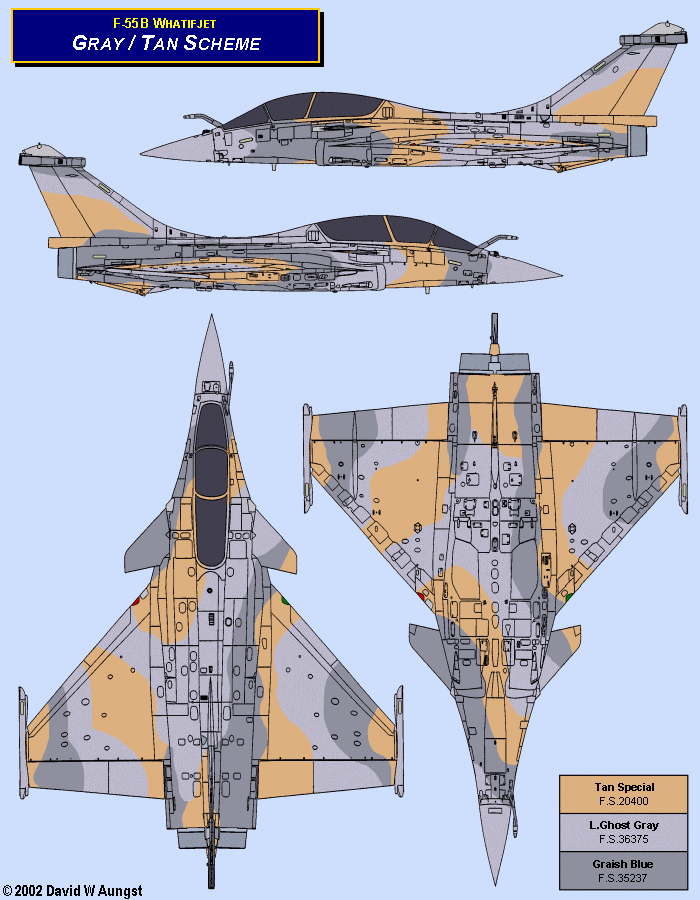 David W. Aungst F-55B Whatifjet Gray and Tan Scheme in four Rafale B orthographic views.