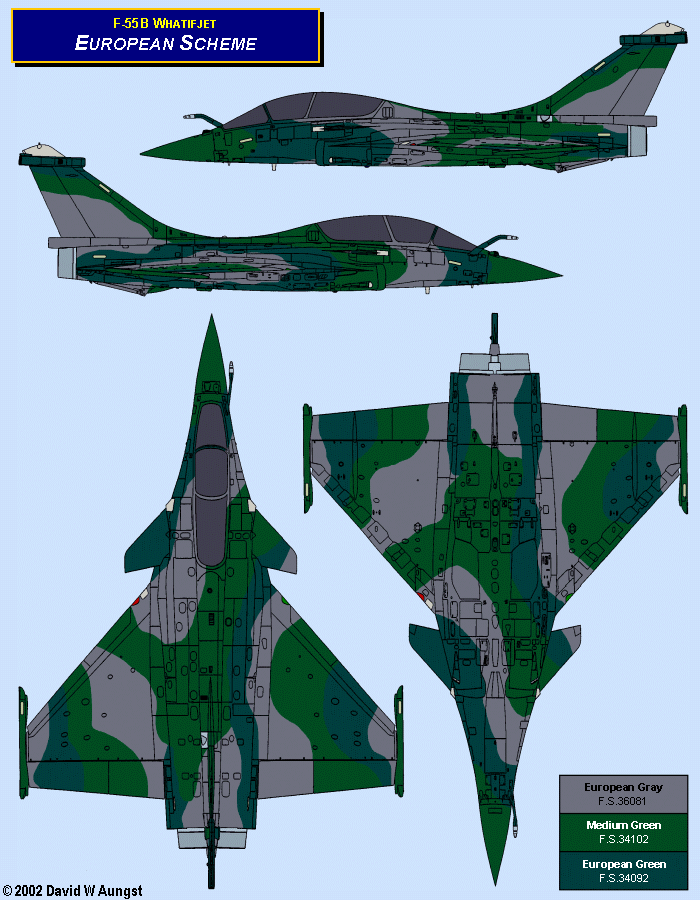 David W. Aungst F-55B Whatifjet European Scheme in four Rafale B orthographic views.
