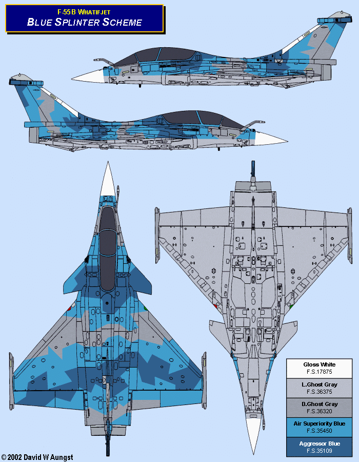 David W. Aungst F-55B Whatifjet Blue Splinter Scheme in four Rafale B orthographic views.