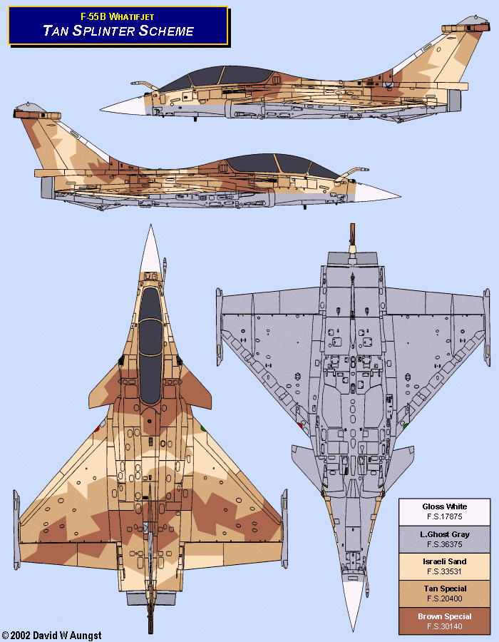 David W. Aungst F-55B Whatifjet Tan Splinter Scheme in four Rafale B orthographic views.